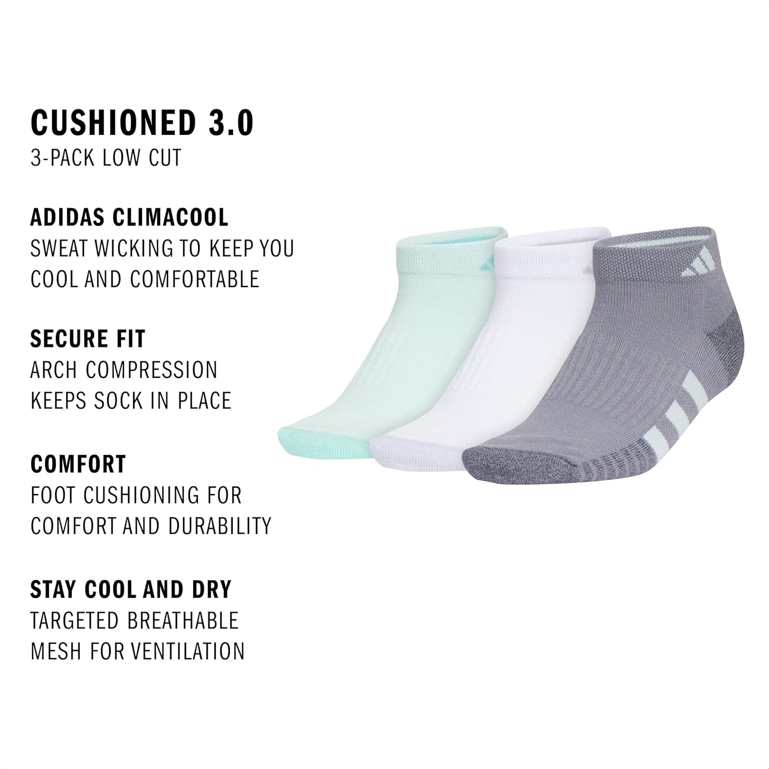 image:imageadidas Cushioned 30 3Pack Low CutHalo Mint GreenWhiteGrey3