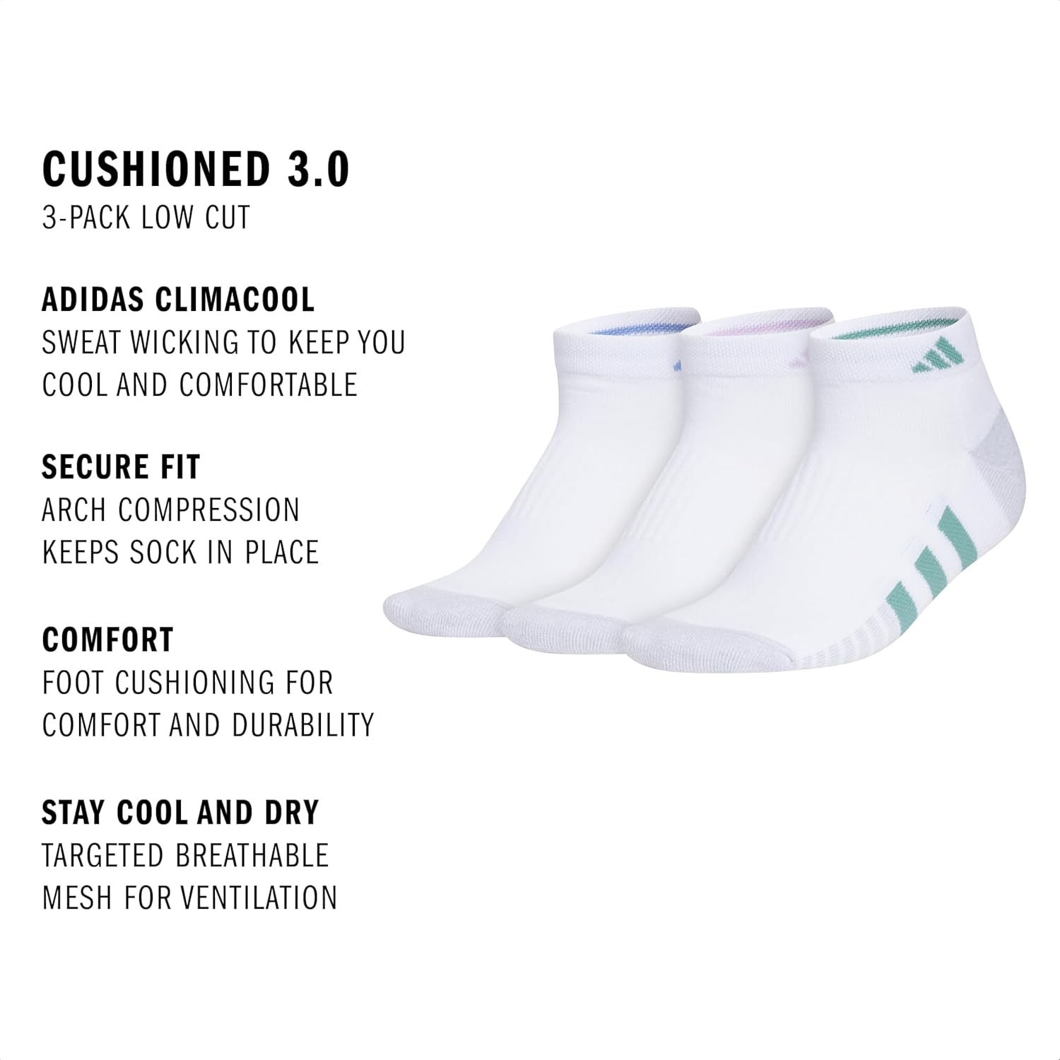 image:imageadidas Cushioned 30 3Pack Low CutWhiteBlue FusionPowder Teal Green3