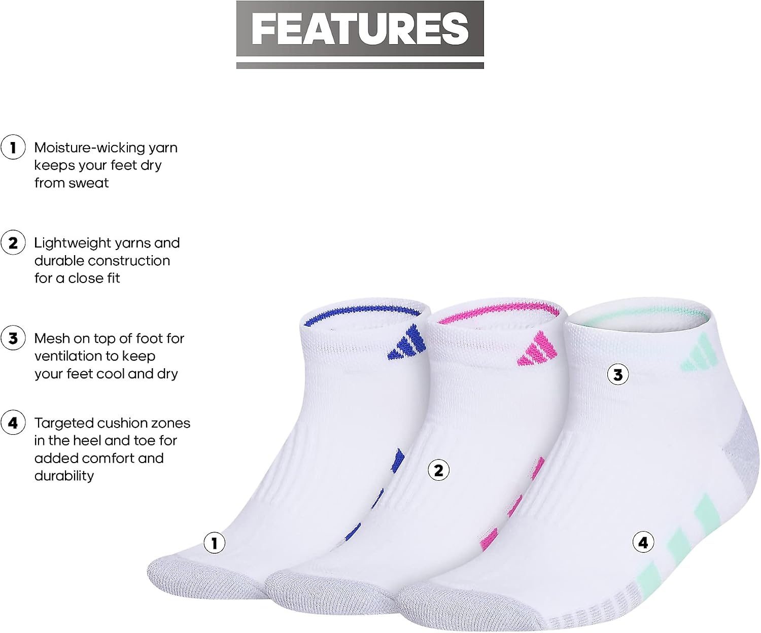 image:imageadidas Cushioned 30 3Pack Low CutWhitePulse Mint GreenLucid Fuchsia Pink3