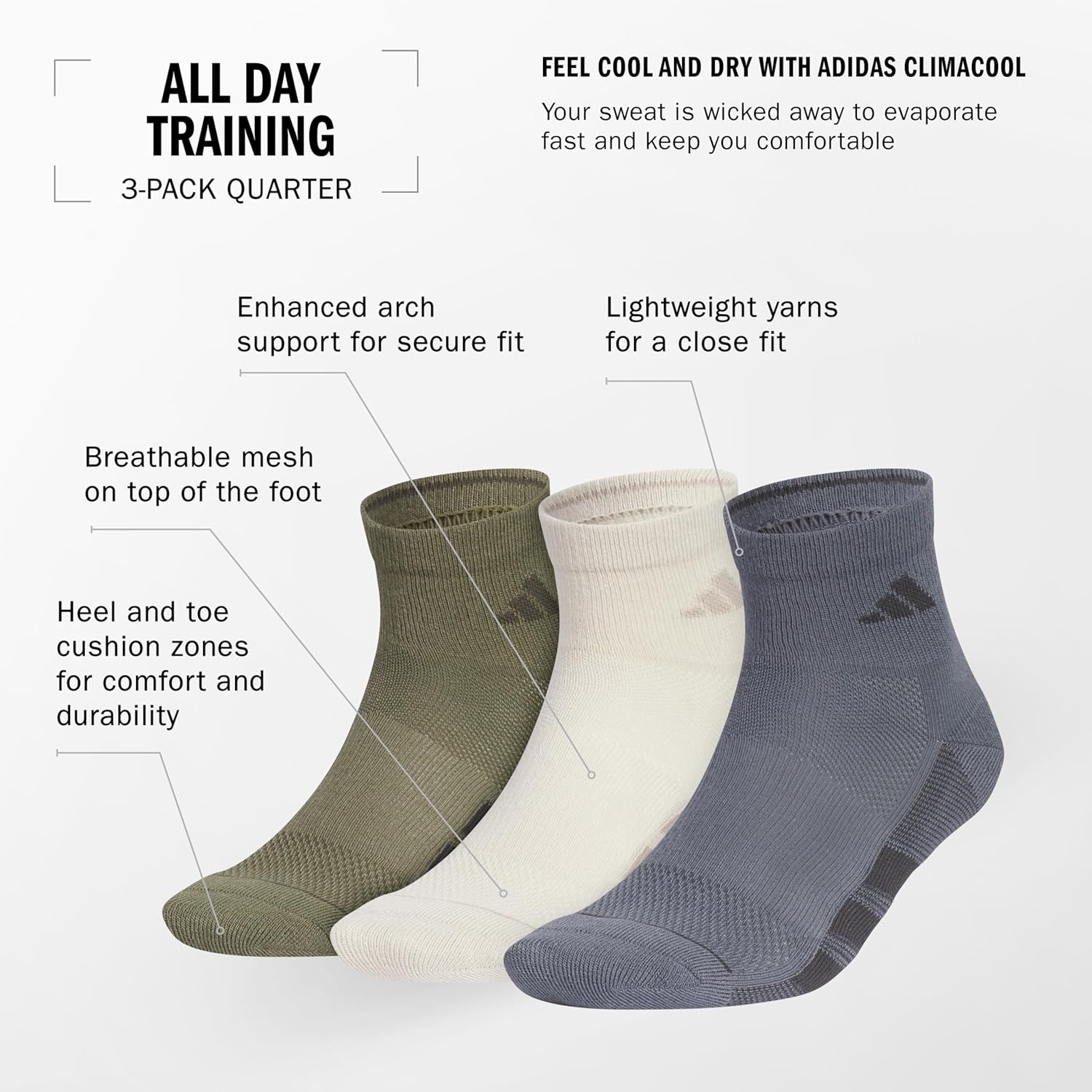 image:imageadidas Mens All Day Training Quarter Socks sports performance above the ankle height with cushioning for running 3PairBlackOnix GreyNight Grey