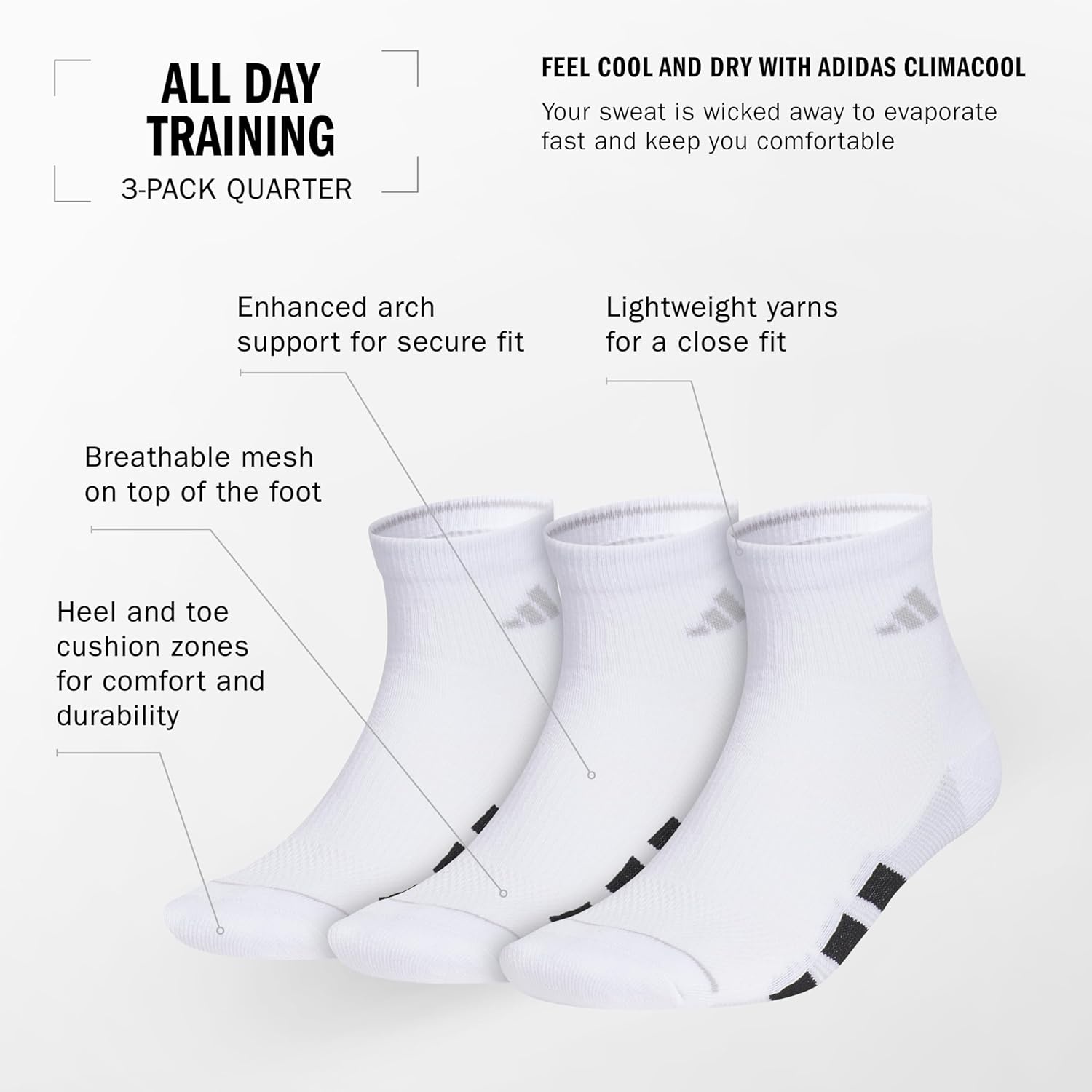 image:imageadidas Mens All Day Training Quarter Socks sports performance above the ankle height with cushioning for running 3PairTrue PinkBlackWhite