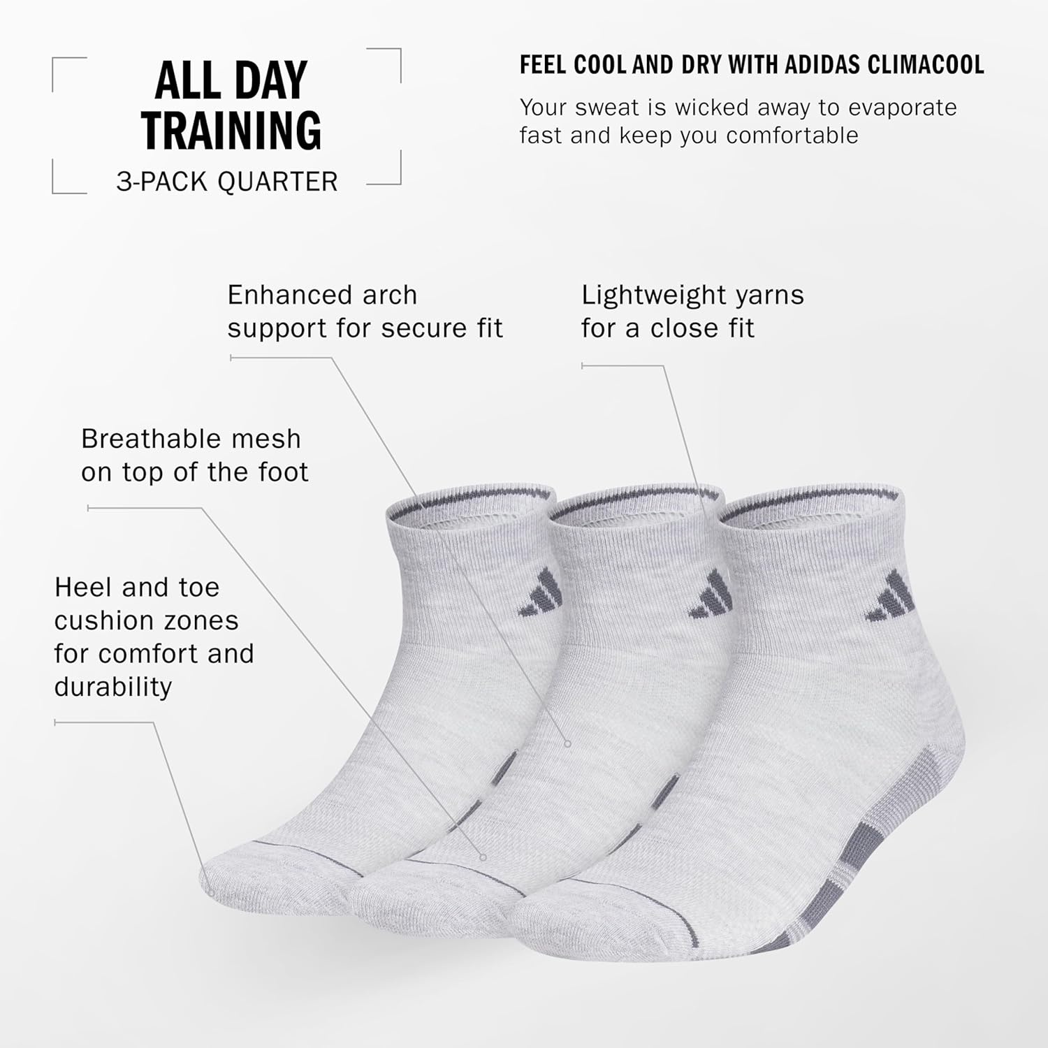 image:imageadidas Mens All Day Training Quarter Socks sports performance above the ankle height with cushioning for running 3PairWhiteBlackClear Onix Grey