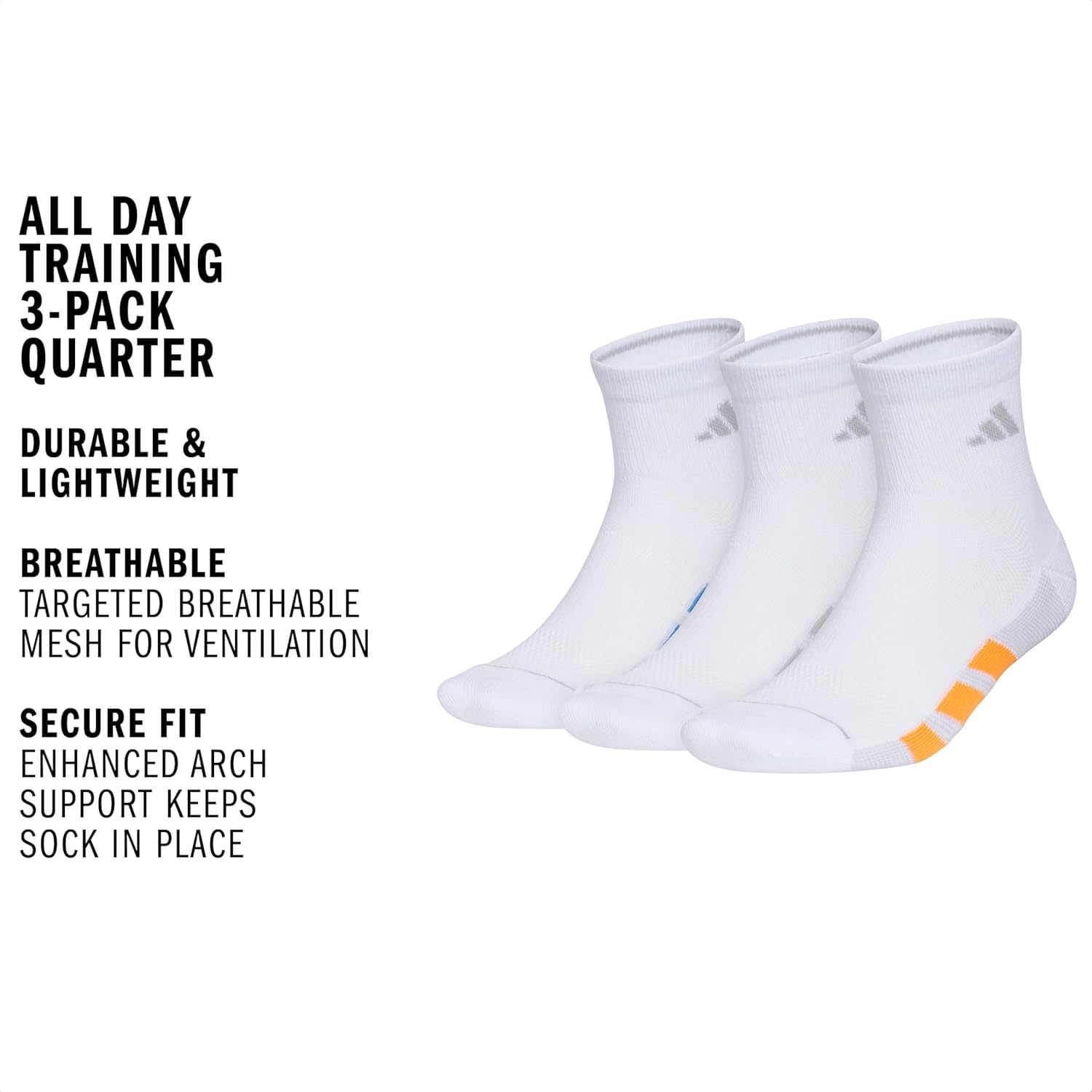 image:imageadidas Mens All Day Training Quarter Socks sports performance above the ankle height with cushioning for running 3PairWhiteRay BluePure Orange