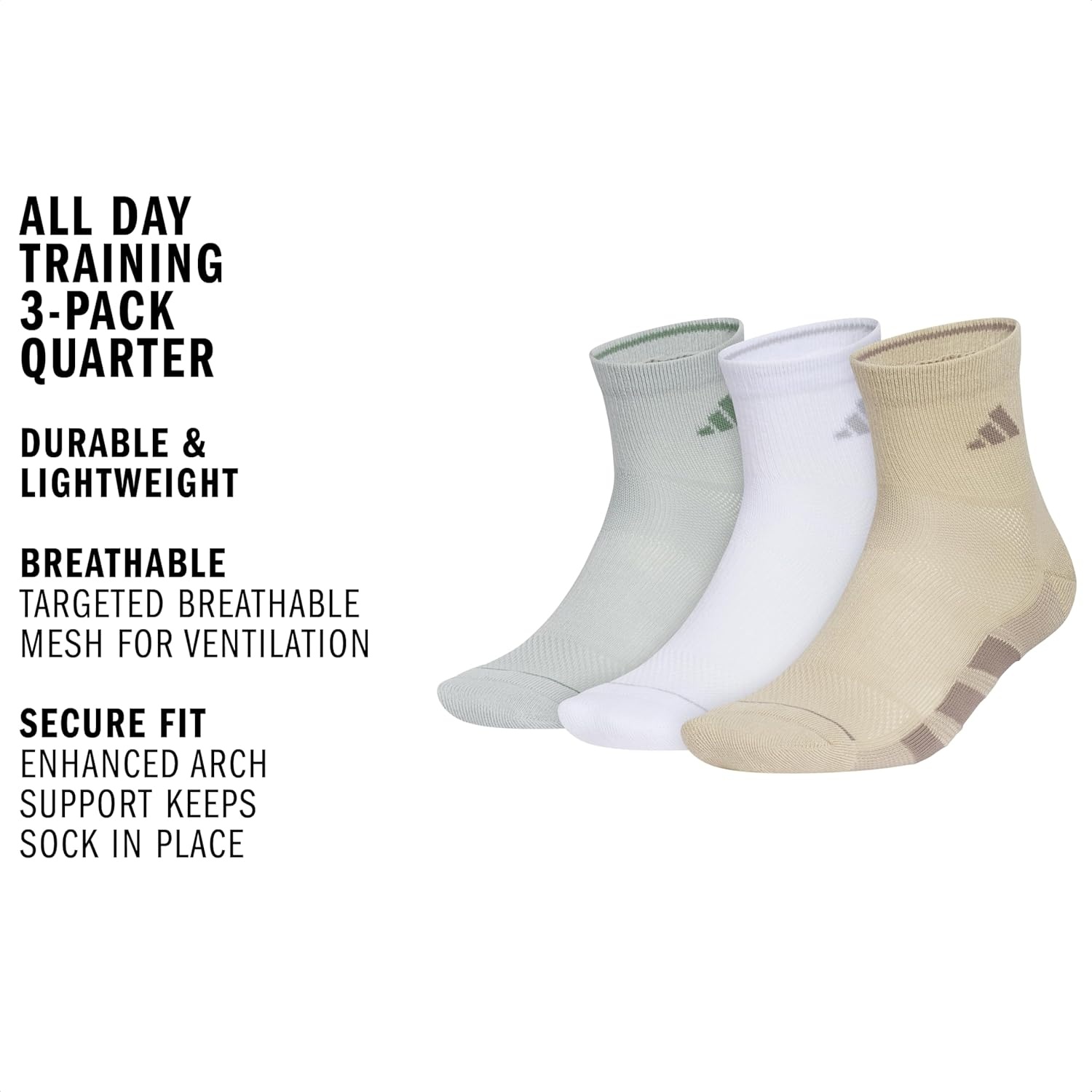 image:imageadidas Mens All Day Training Quarter Socks sports performance above the ankle height with cushioning for running 3PairWonder Sage GreenWhiteWonder Cargo Khaki