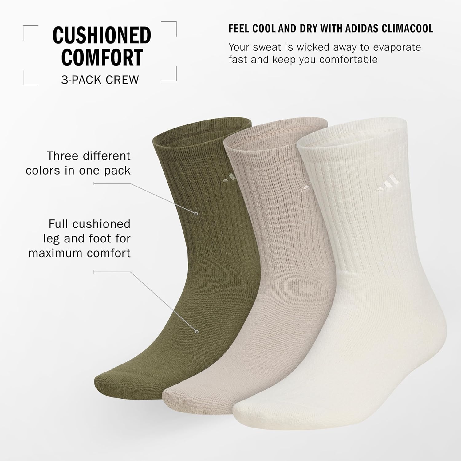 image:imageadidas Mens Cushioned Comfort Crew Socks 3 Pairs Super Soft amp CozyOlive Strata GreenWonder BeigeWonder White