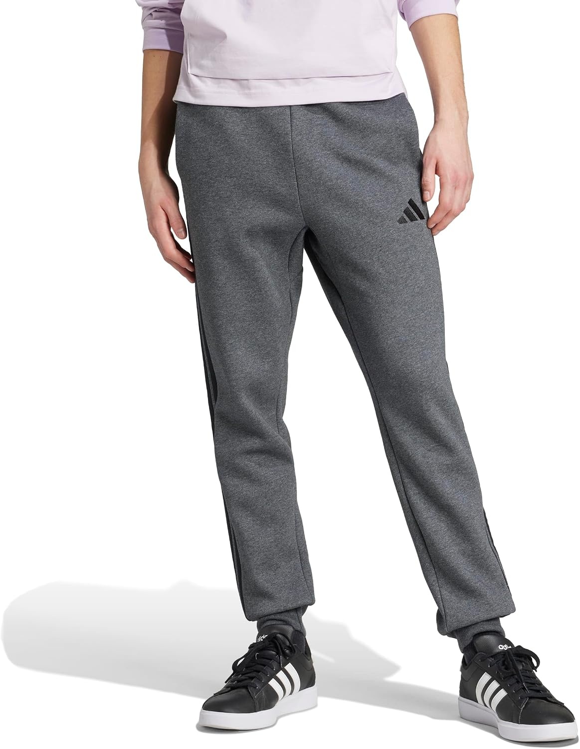 image:imageadidas Mens Essentials 3Stripes Fleece PantsDark Grey HeatherBlack