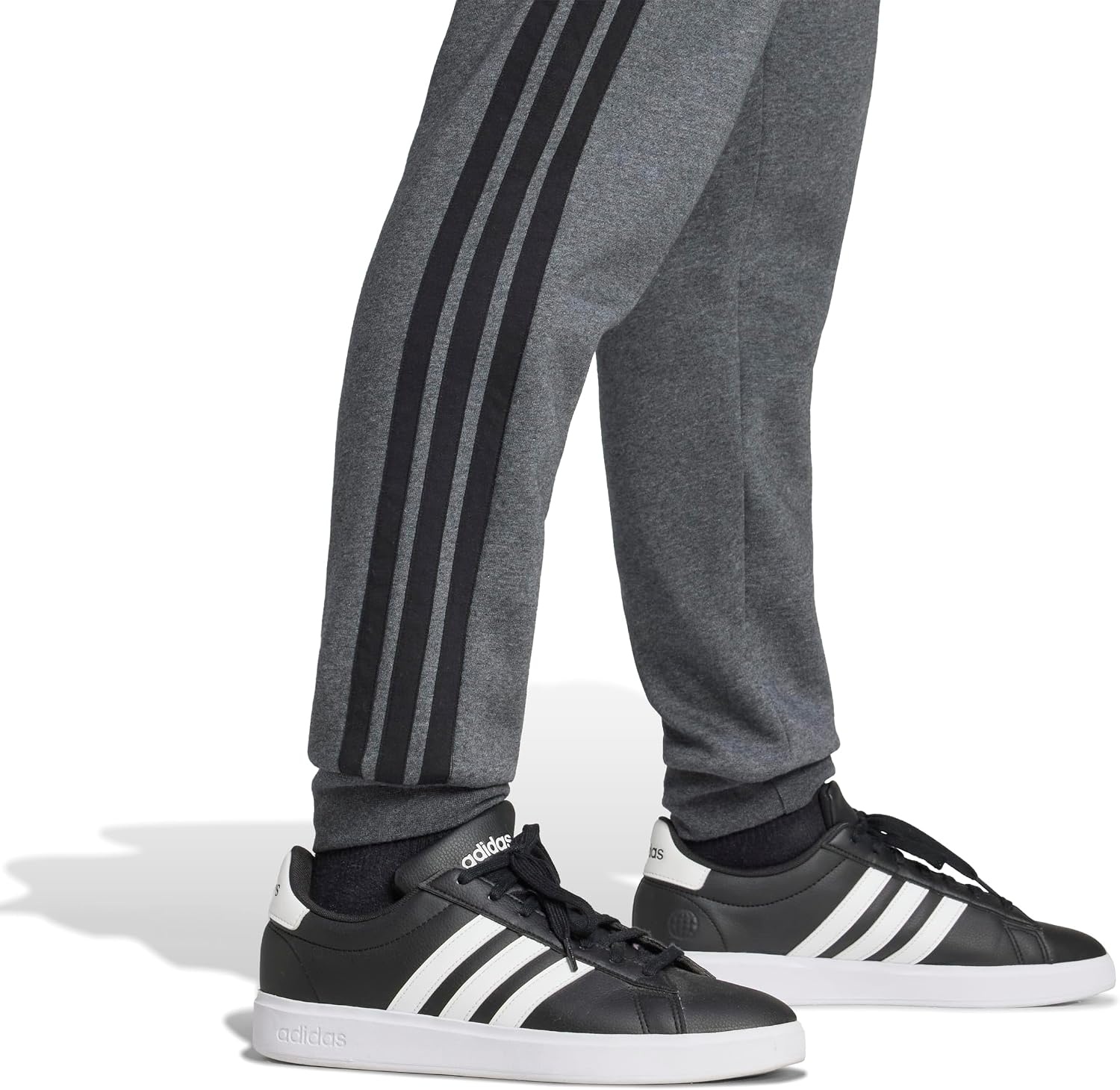 image:imageadidas Mens Essentials 3Stripes Fleece PantsDark Grey HeatherBlack