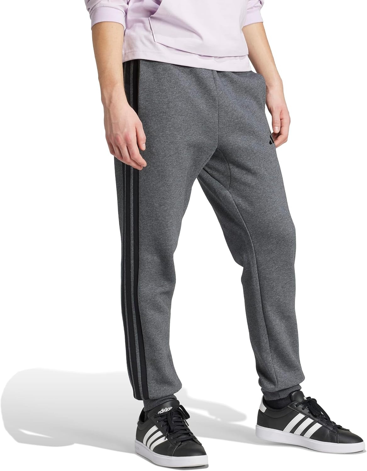 image:imageadidas Mens Essentials 3Stripes Fleece PantsDark Grey HeatherBlack