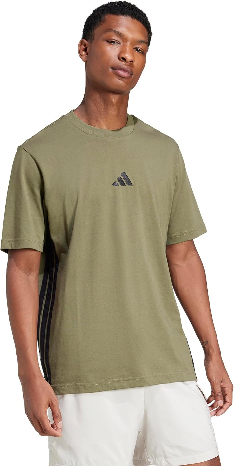 image:imageadidas Mens Essentials 3Stripes Single Jersey TShirtOlive StrataBlack