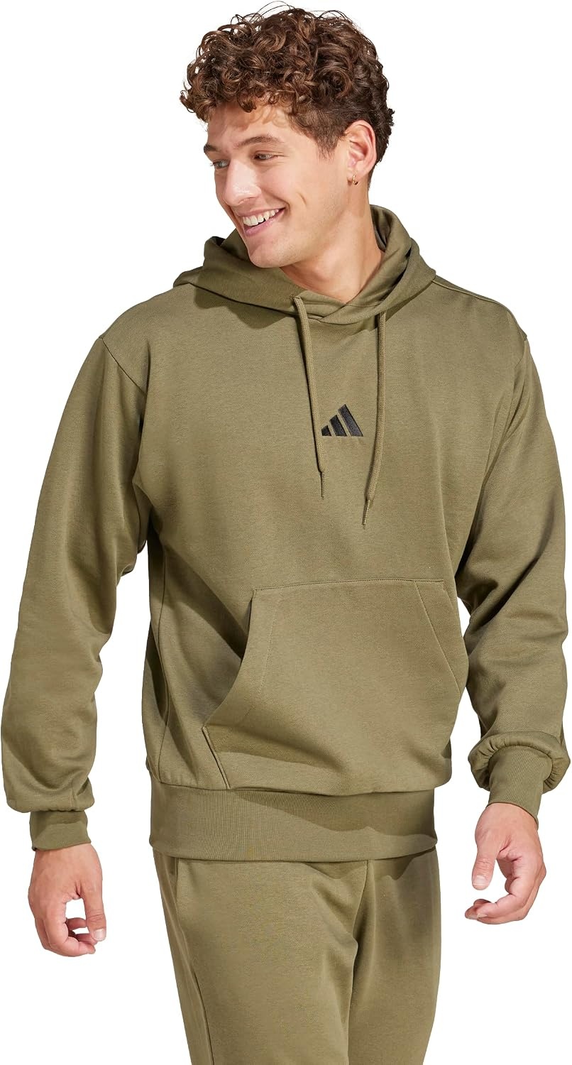 image:imageadidas Mens Essentials Feel Cozy Fleece Hoodie SweatshirtOlive StrataBlack