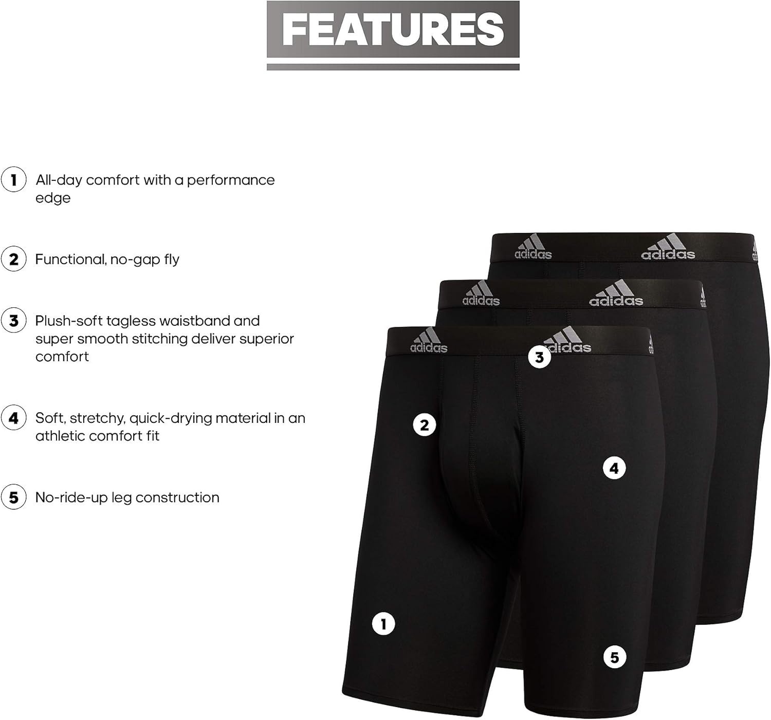 image:imageadidas Mens Microfiber Long Boxer Briefs 3Pack MoistureWicking Performance Stretch UnderwearBlackLight Onix GreyPerformance