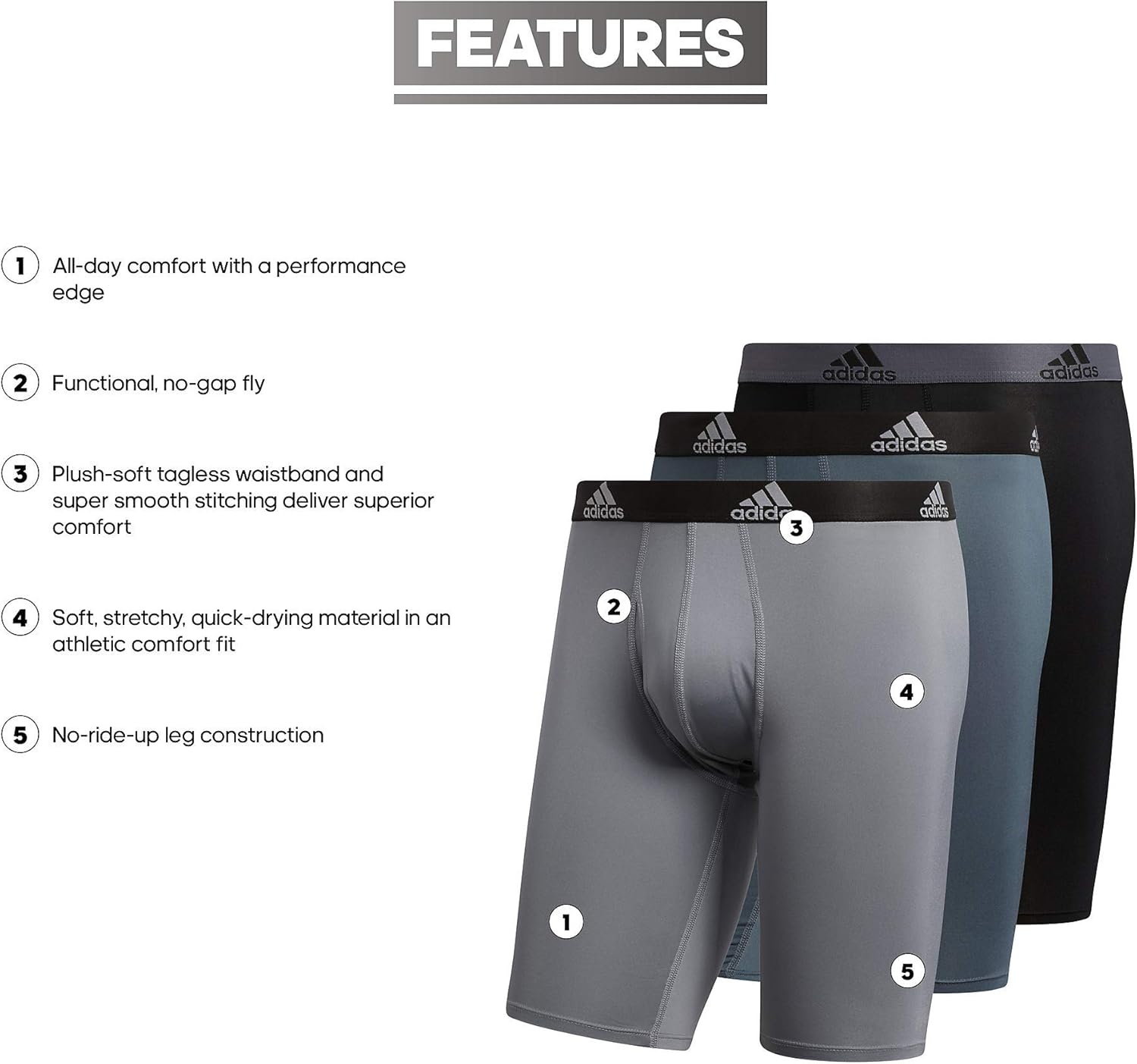 image:imageadidas Mens Microfiber Long Boxer Briefs 3Pack MoistureWicking Performance Stretch UnderwearOnix GreyBlackGreyPerformance