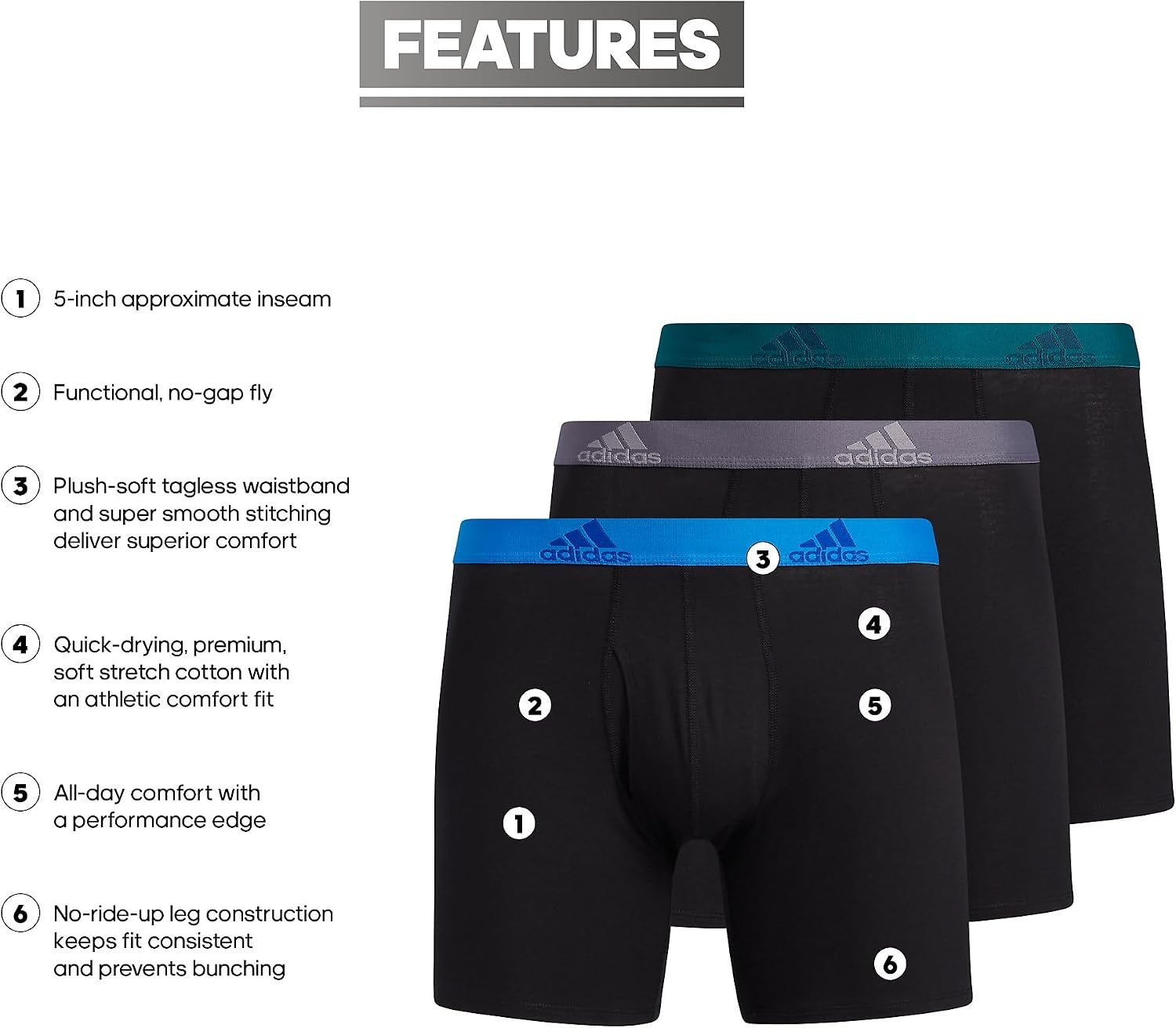 image:imageadidas Mens Performance Stretch Cotton Boxer Briefs Mens Underwear Boxer Brief Soft Stretch Superior Comfort 3PackBlackBlue RushLegacy Teal Green