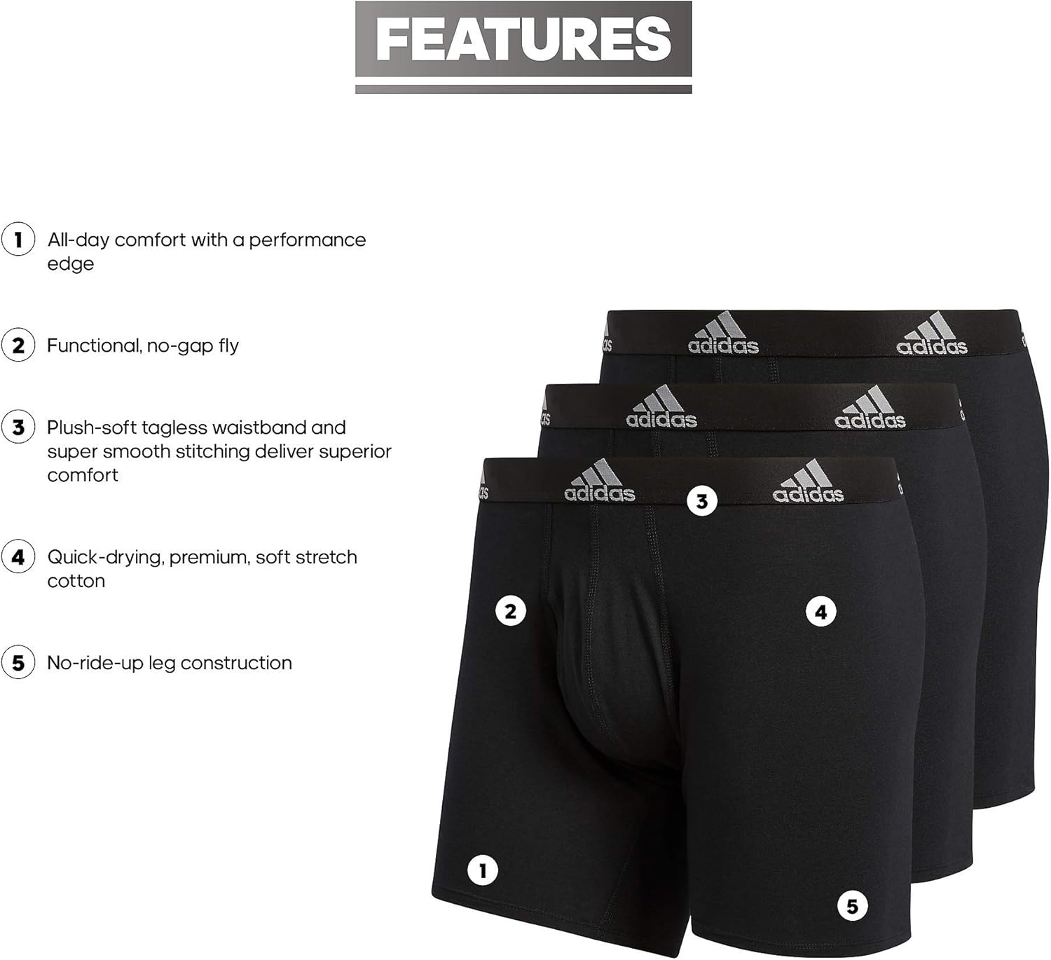 image:imageadidas Mens Performance Stretch Cotton Boxer Briefs Mens Underwear Boxer Brief Soft Stretch Superior Comfort 3PackBlackLight Onix Grey