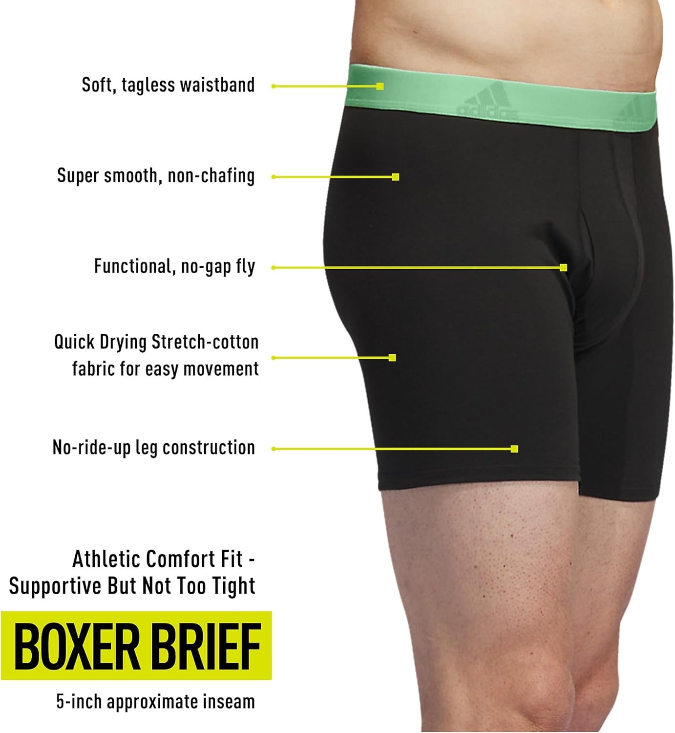 image:imageadidas Mens Performance Stretch Cotton Boxer Briefs Mens Underwear Boxer Brief Soft Stretch Superior Comfort 3PackBlackSemi Green SparkPreloved Fig Purple