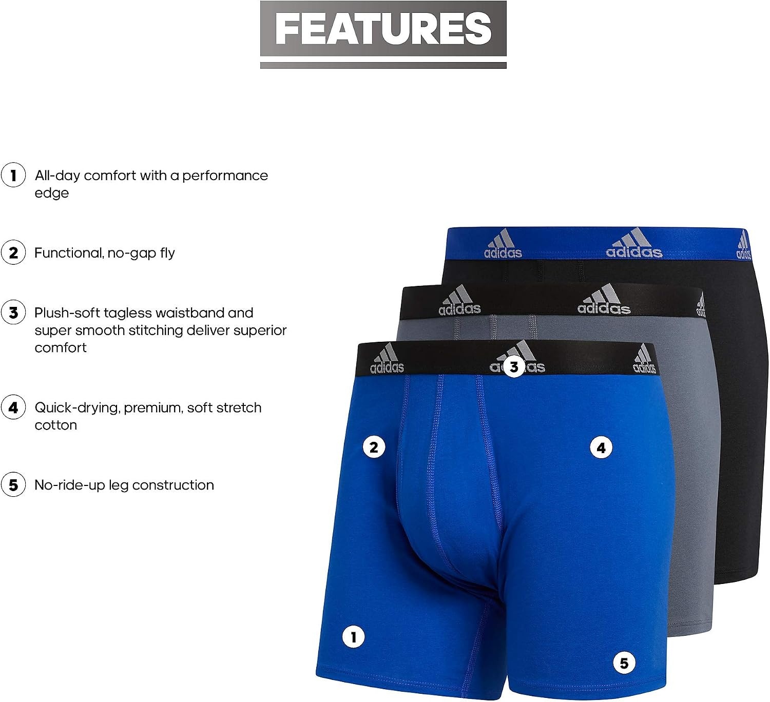image:imageadidas Mens Performance Stretch Cotton Boxer Briefs Mens Underwear Boxer Brief Soft Stretch Superior Comfort 3PackBold BlueOnix GreyBlack