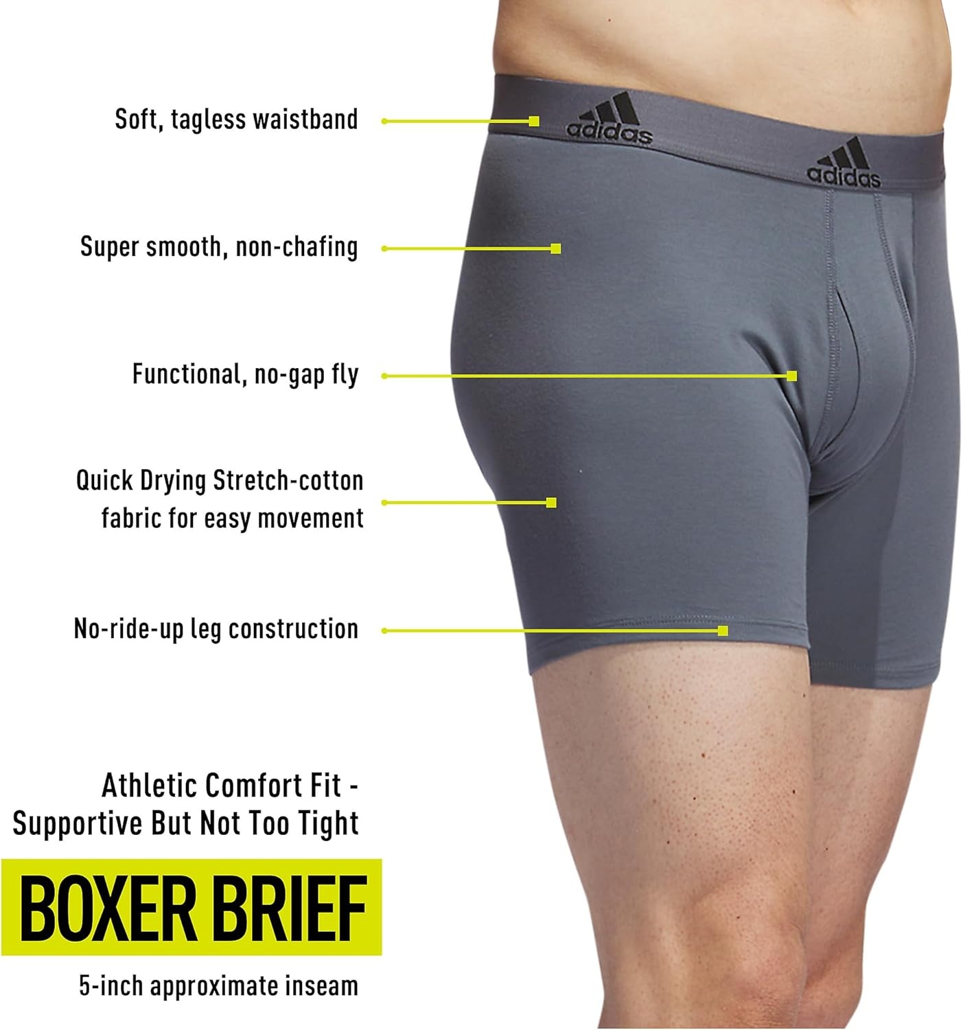 image:imageadidas Mens Performance Stretch Cotton Boxer Briefs Mens Underwear Boxer Brief Soft Stretch Superior Comfort 3PackOnix GreyBlackGrey