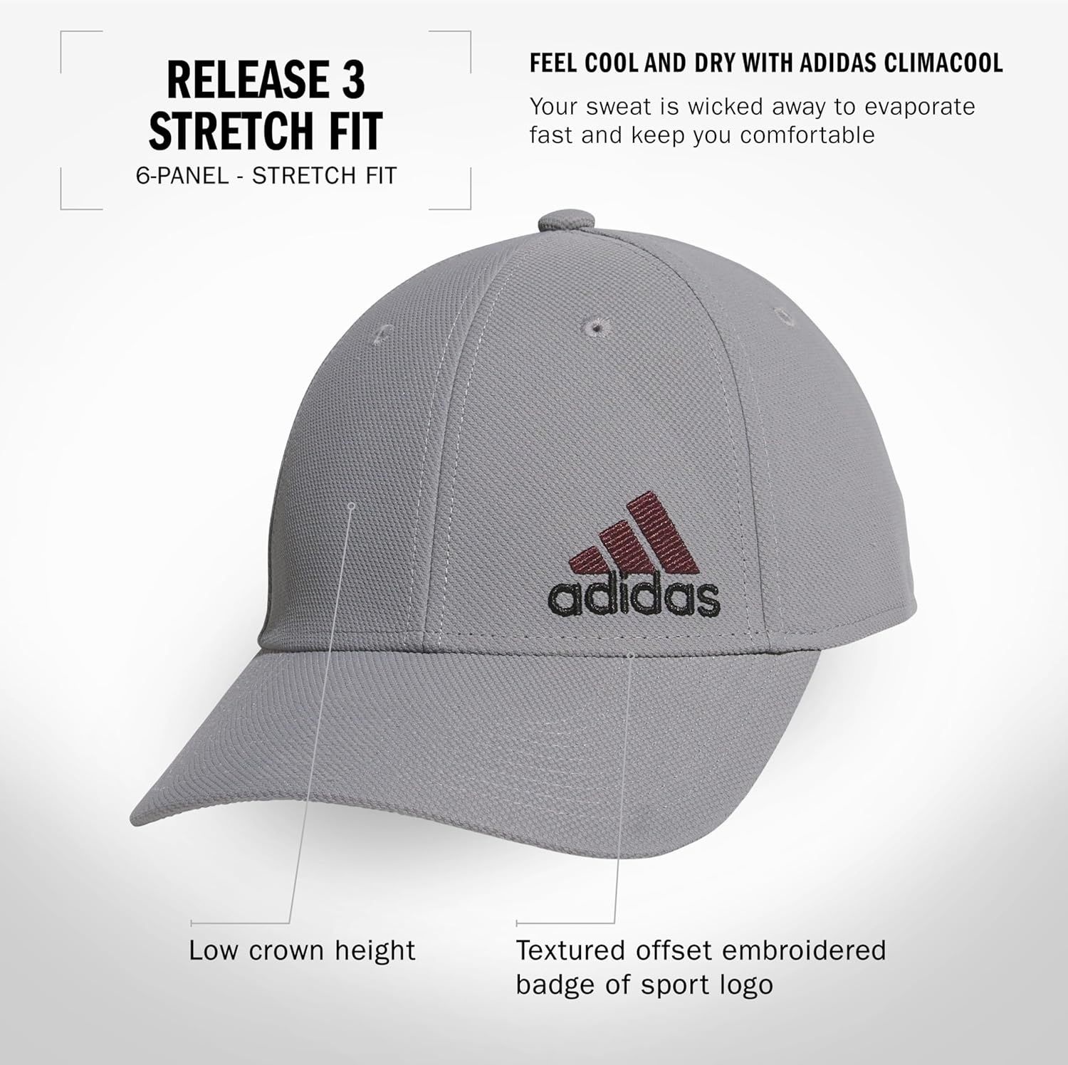 image:imageadidas Mens Release 3 Structured Stretch Fit CapGrey ThreeAurora Ruby RedBlack