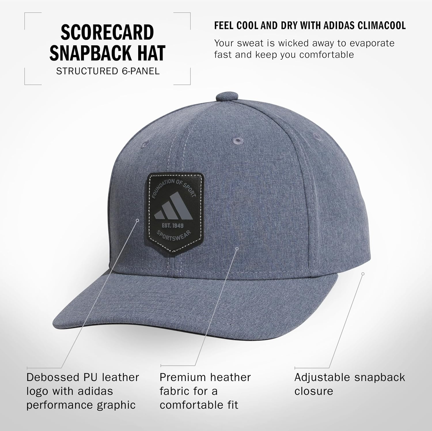image:imageadidas Mens Scorecard High Crown Low Curve Brim Snapback Adjustable Fit Course Style HatDark BlueBlackGrey