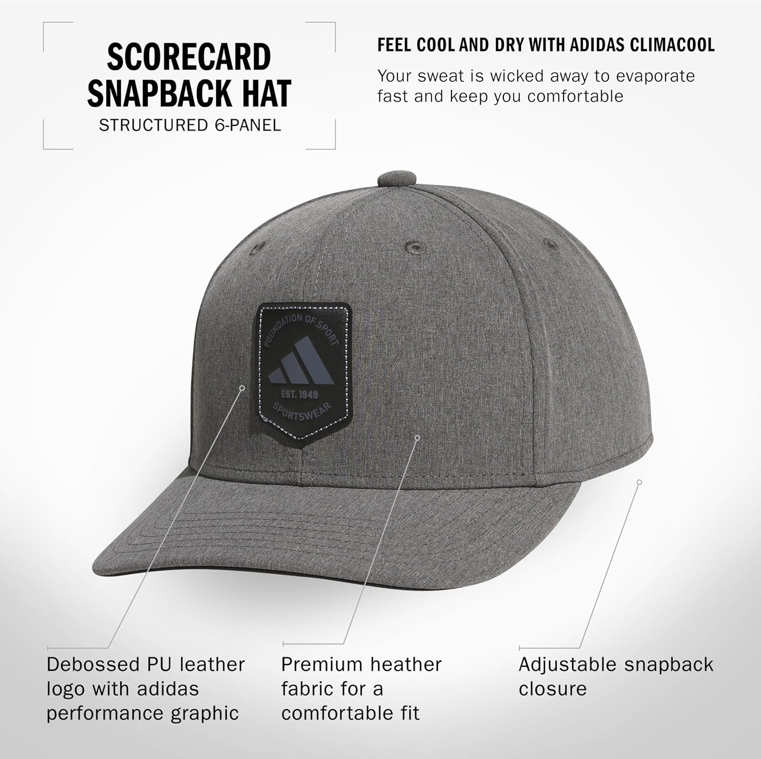 image:imageadidas Mens Scorecard High Crown Low Curve Brim Snapback Adjustable Fit Course Style HatGrey FourBlackOnix Grey