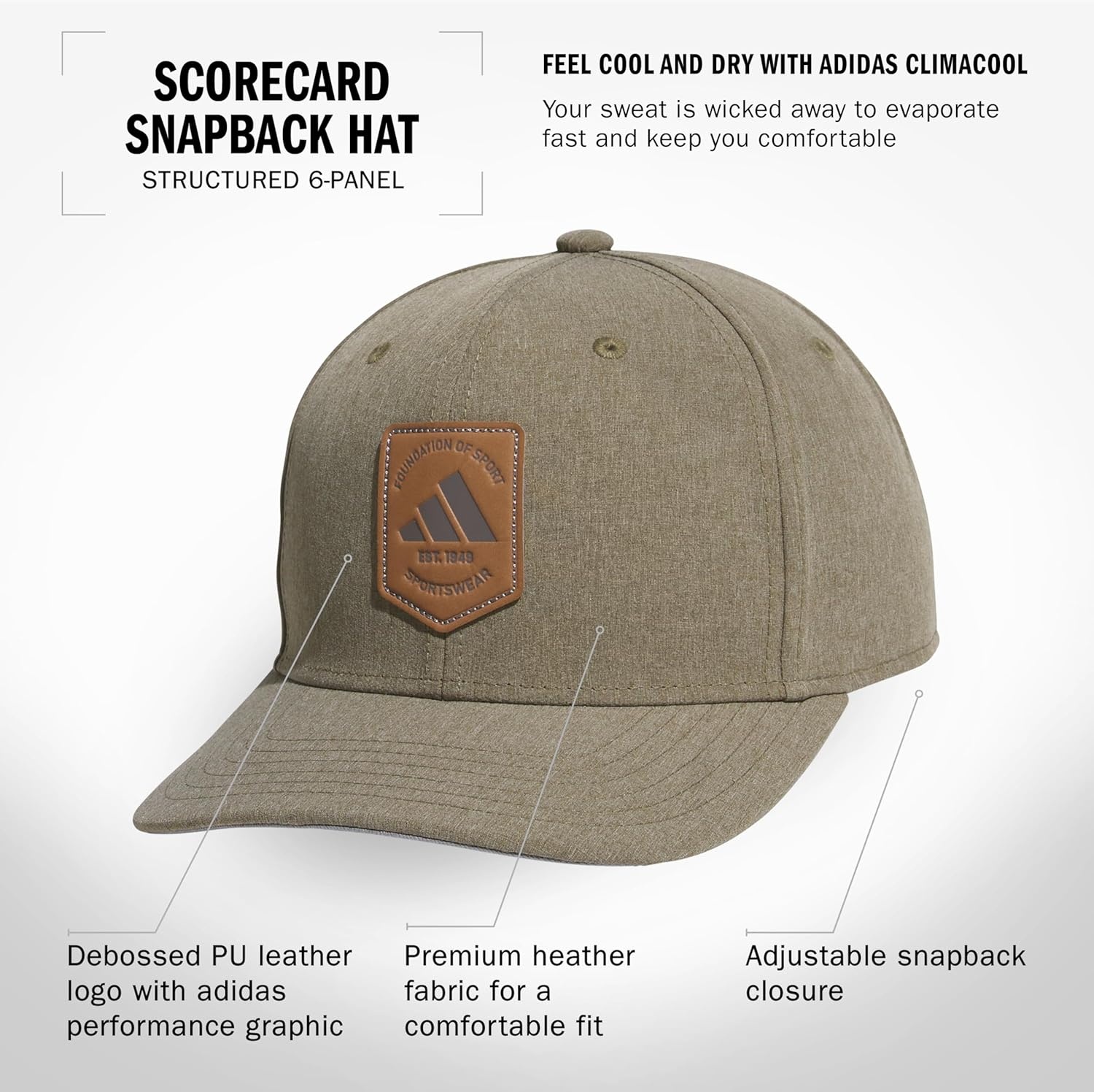 image:imageadidas Mens Scorecard High Crown Low Curve Brim Snapback Adjustable Fit Course Style HatOlive StrataGrey StrataGrey