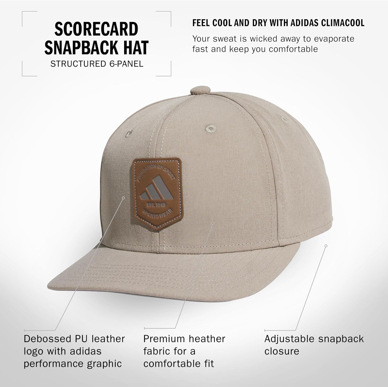 image:imageadidas Mens Scorecard High Crown Low Curve Brim Snapback Adjustable Fit Course Style HatWonder AluminaGrey Three