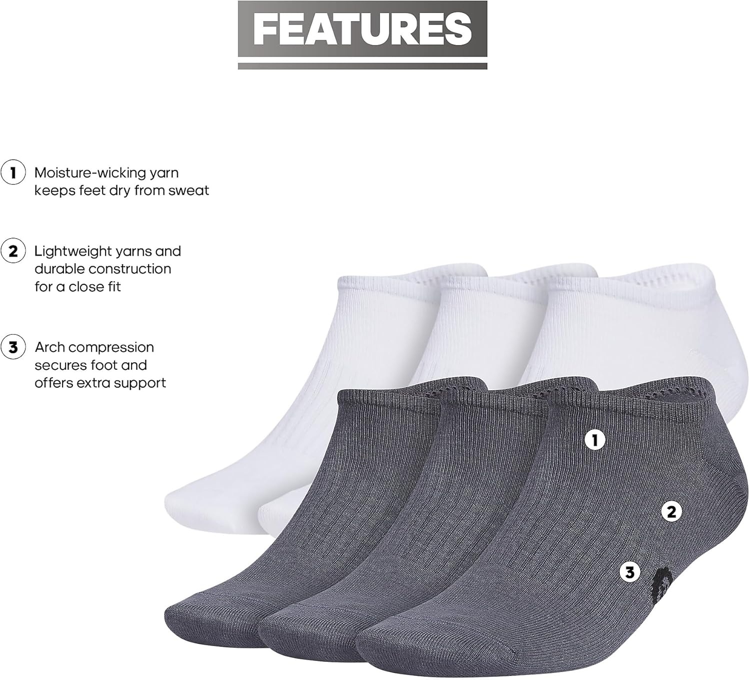 image:imageadidas Mens Superlite No Show Socks 6 Pairs Lightweight amp BreathableClassicWhiteBlackOnix Grey