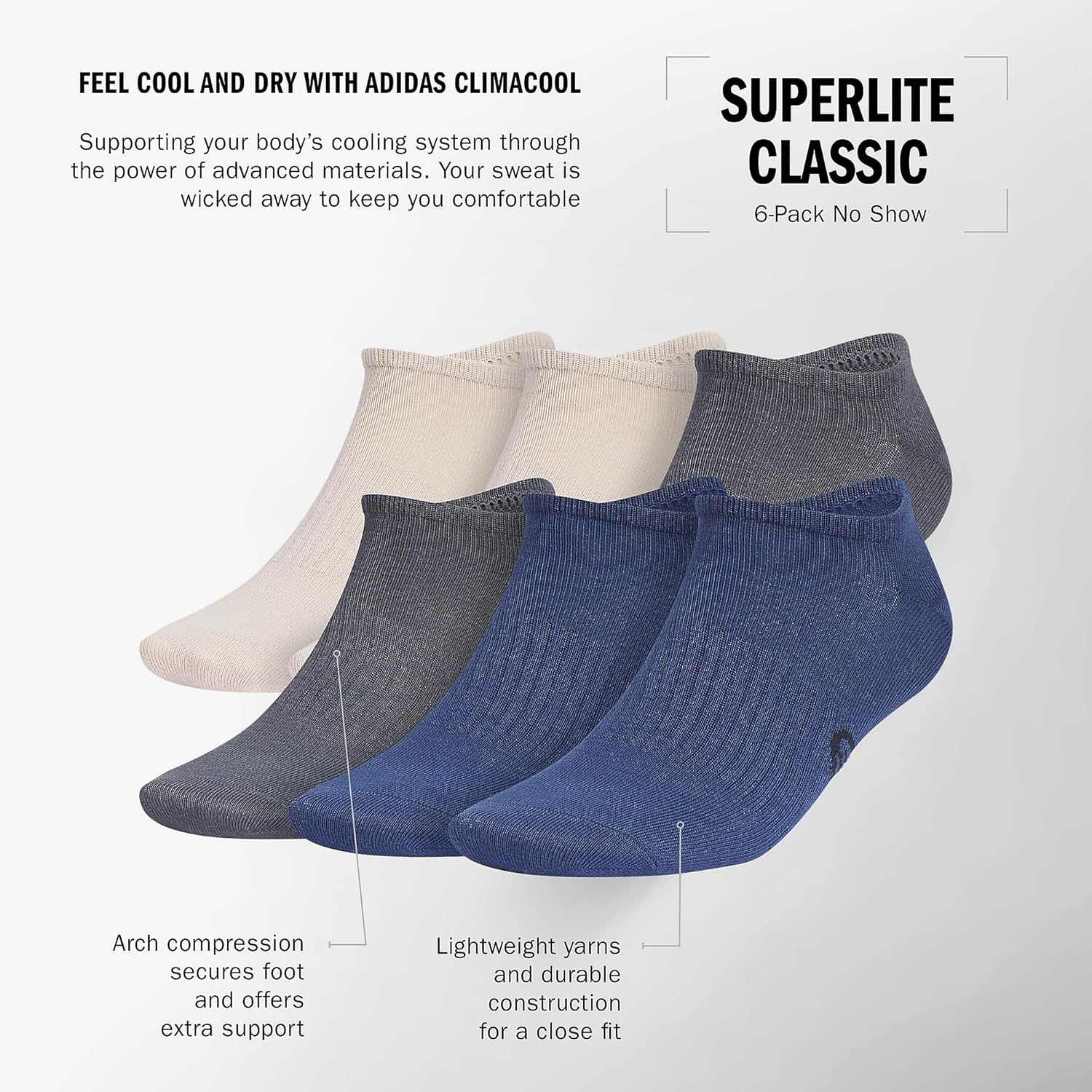 image:imageadidas Mens Superlite No Show Socks 6 Pairs Lightweight amp BreathableClassicWonder BeigeOnix GreyTech Indigo Blue