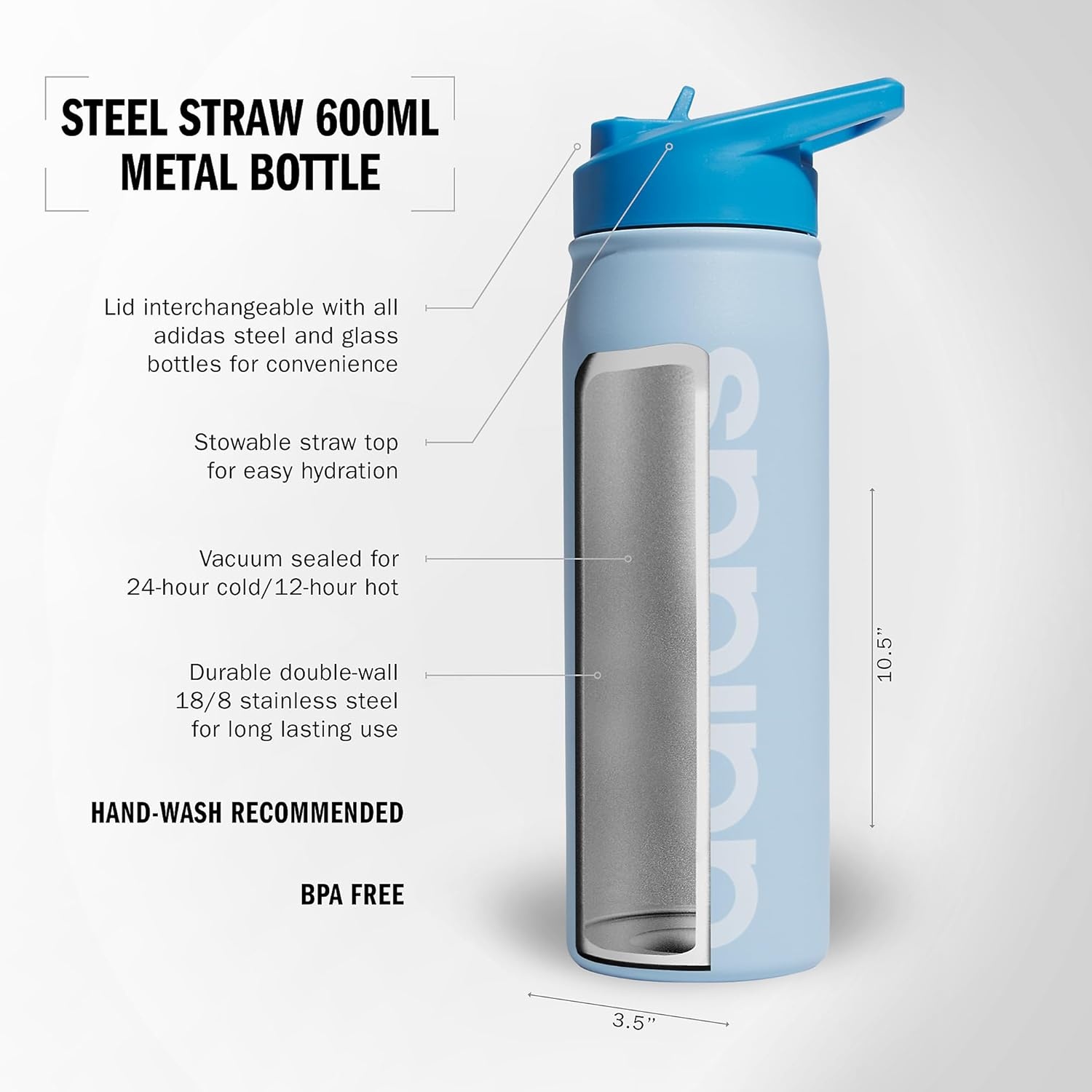 image:imageadidas Stainless Steel Metal Water Bottle 20 oz 600 mL Straw LidClear Sky BluePulse BlueWhite