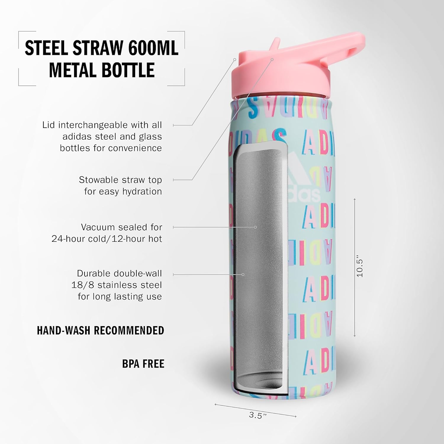 image:imageadidas Stainless Steel Metal Water Bottle 20 oz 600 mL Straw LidHall Pass Semi Flash AquaPink SparkWhite