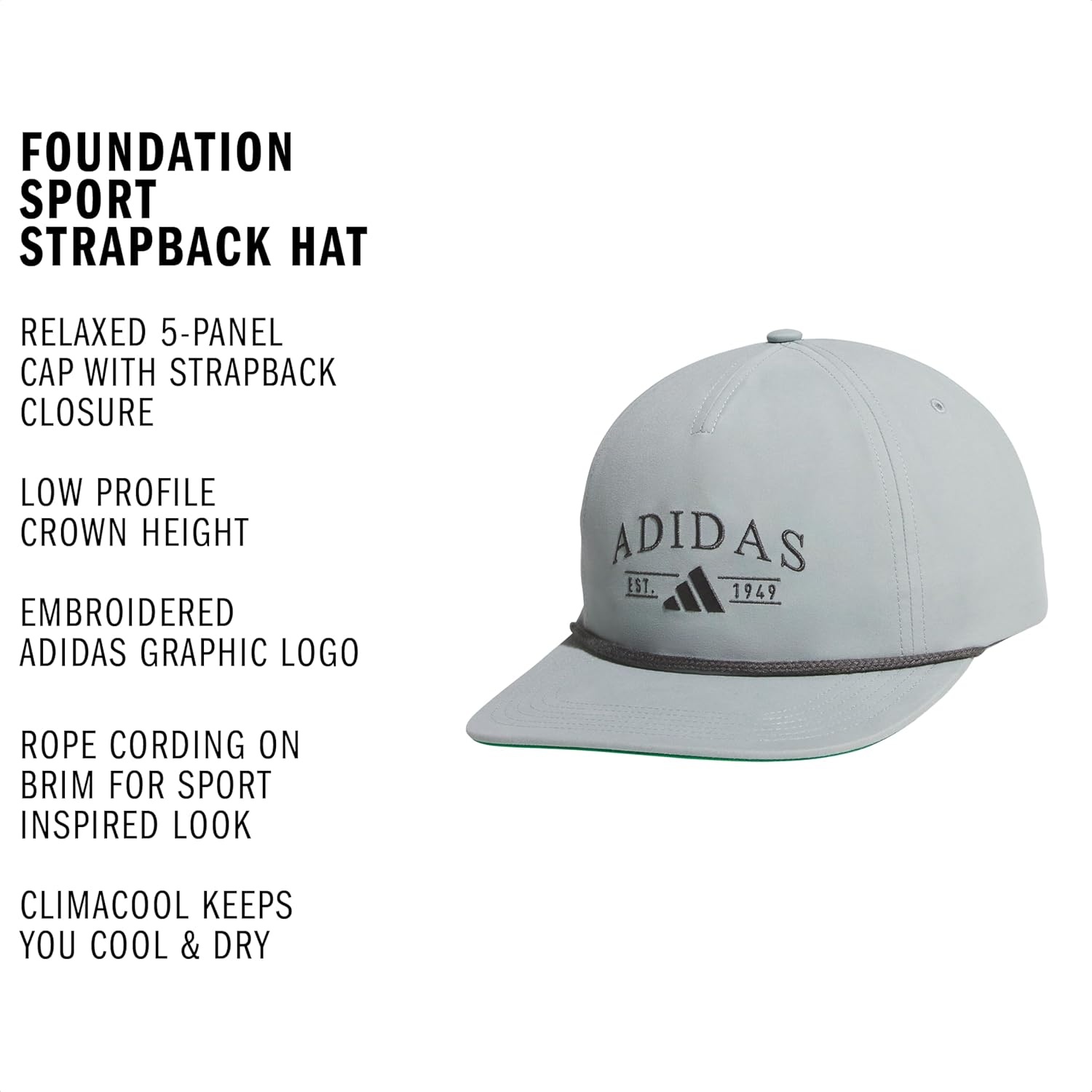 image:imageadidas Unisex Adult Foundation Strapback Hat Adjustable Baseball Cap with Classic LogoWonder Sage GreenGrey Six