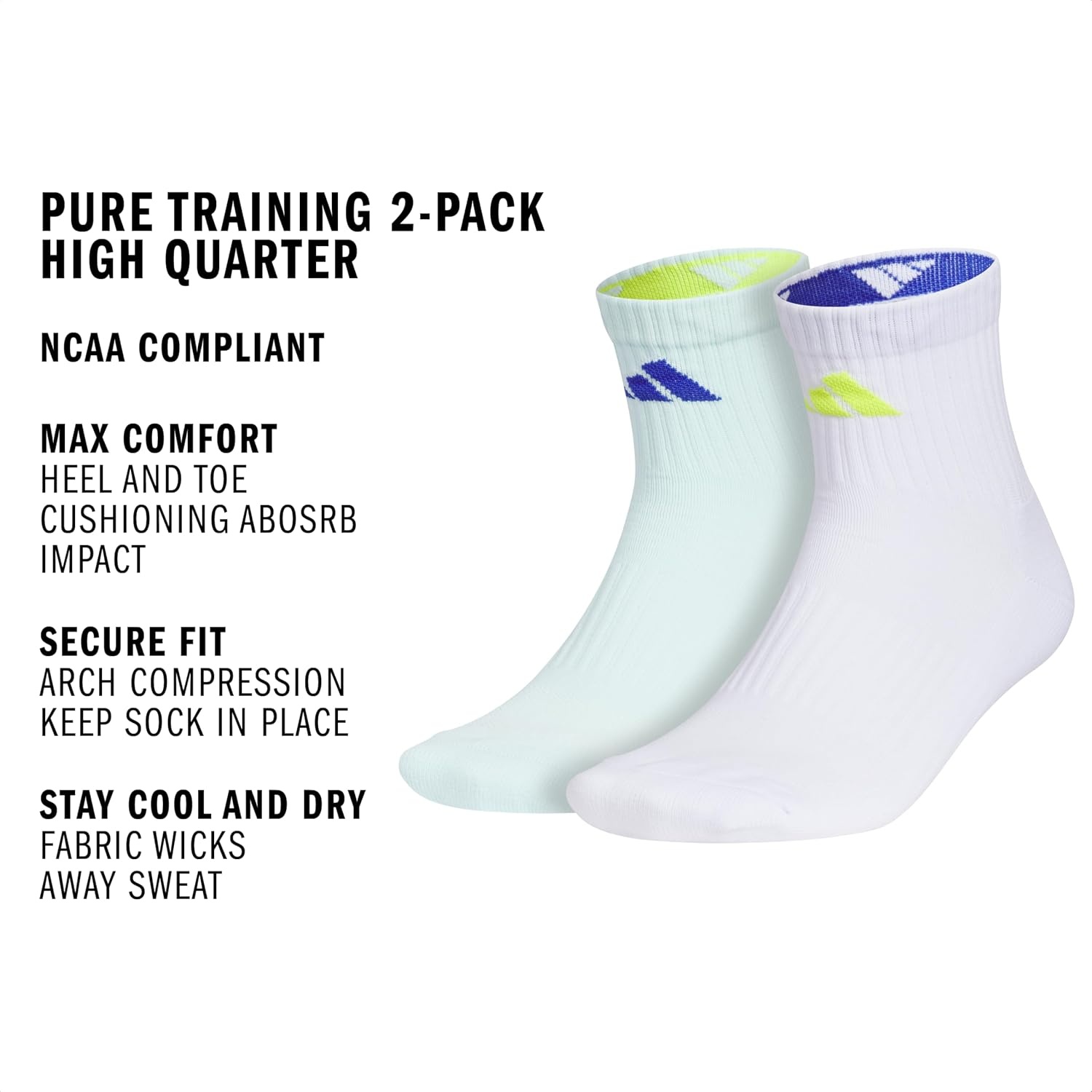 image:imageadidas Unisex Pure Training High Quarter Socks 2 Pairs Gym amp WorkoutAlmost Light BlueSemi Lucid BlueSemi Solar Yellow