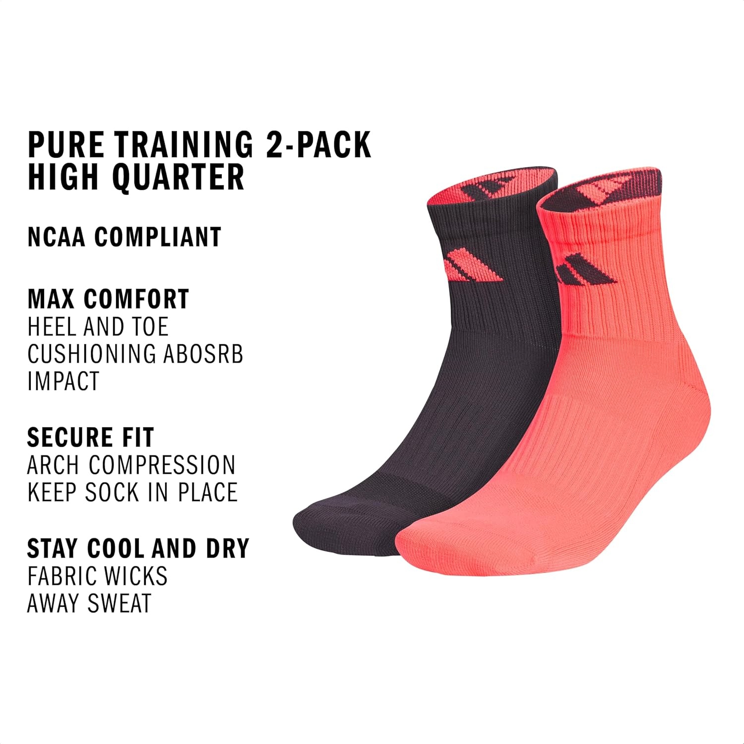image:imageadidas Unisex Pure Training High Quarter Socks 2 Pairs Gym amp WorkoutAurora BlackTurbo Pink