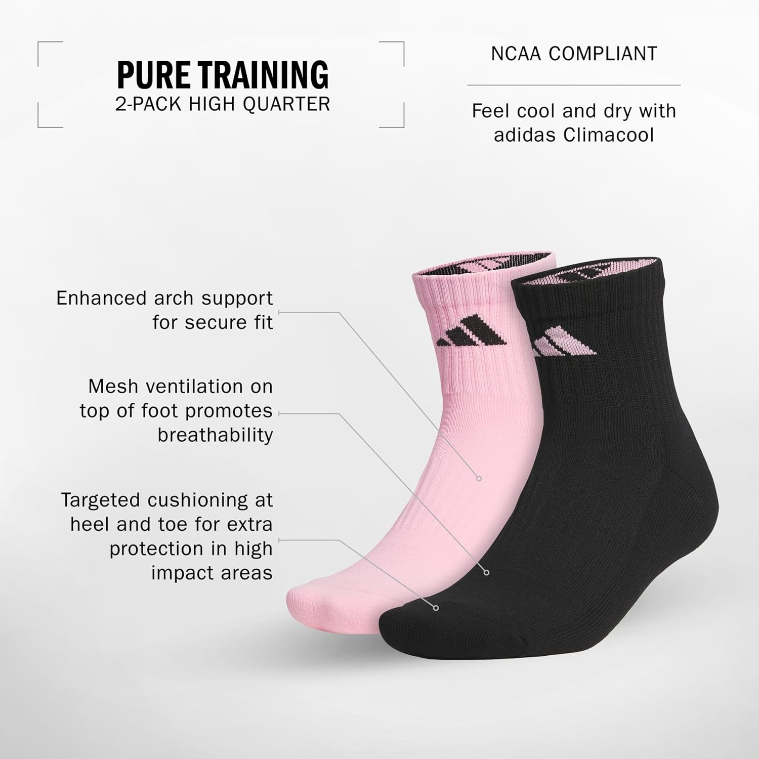 image:imageadidas Unisex Pure Training High Quarter Socks 2 Pairs Gym amp WorkoutTrue PinkBlack