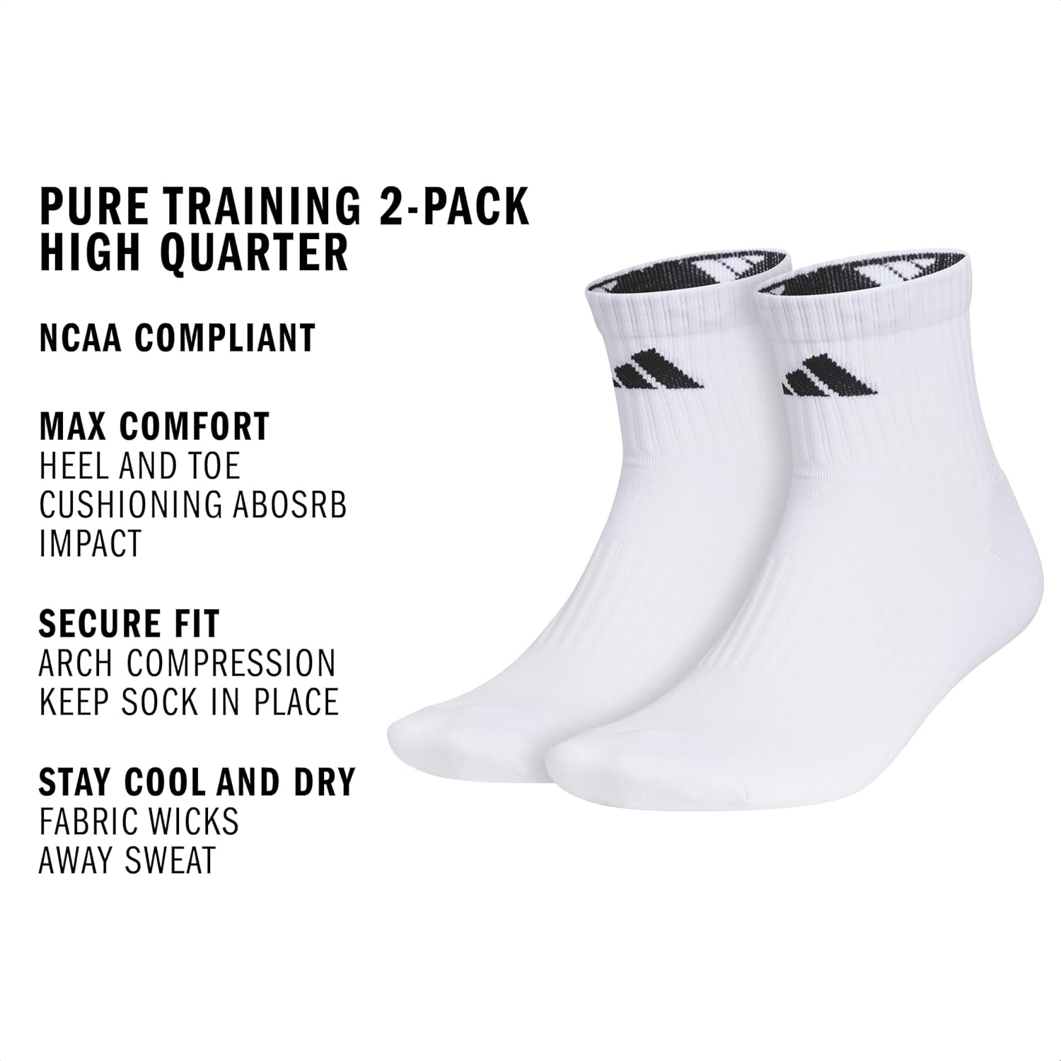 image:imageadidas Unisex Pure Training High Quarter Socks 2 Pairs Gym amp WorkoutWhiteBlack