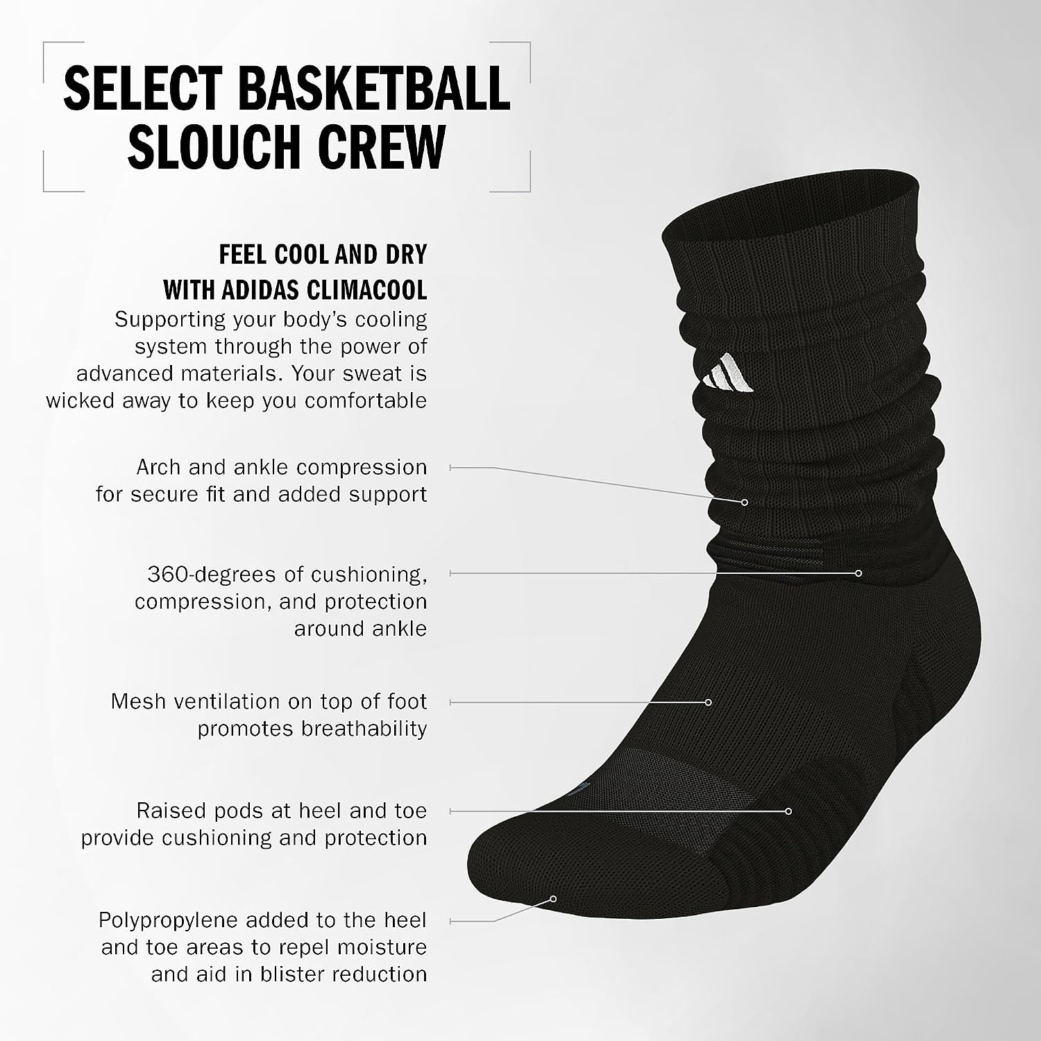 image:imageadidas Unisex Select Basketball Socks 1 PairBlackWhiteOnix Grey1Slouch Crew