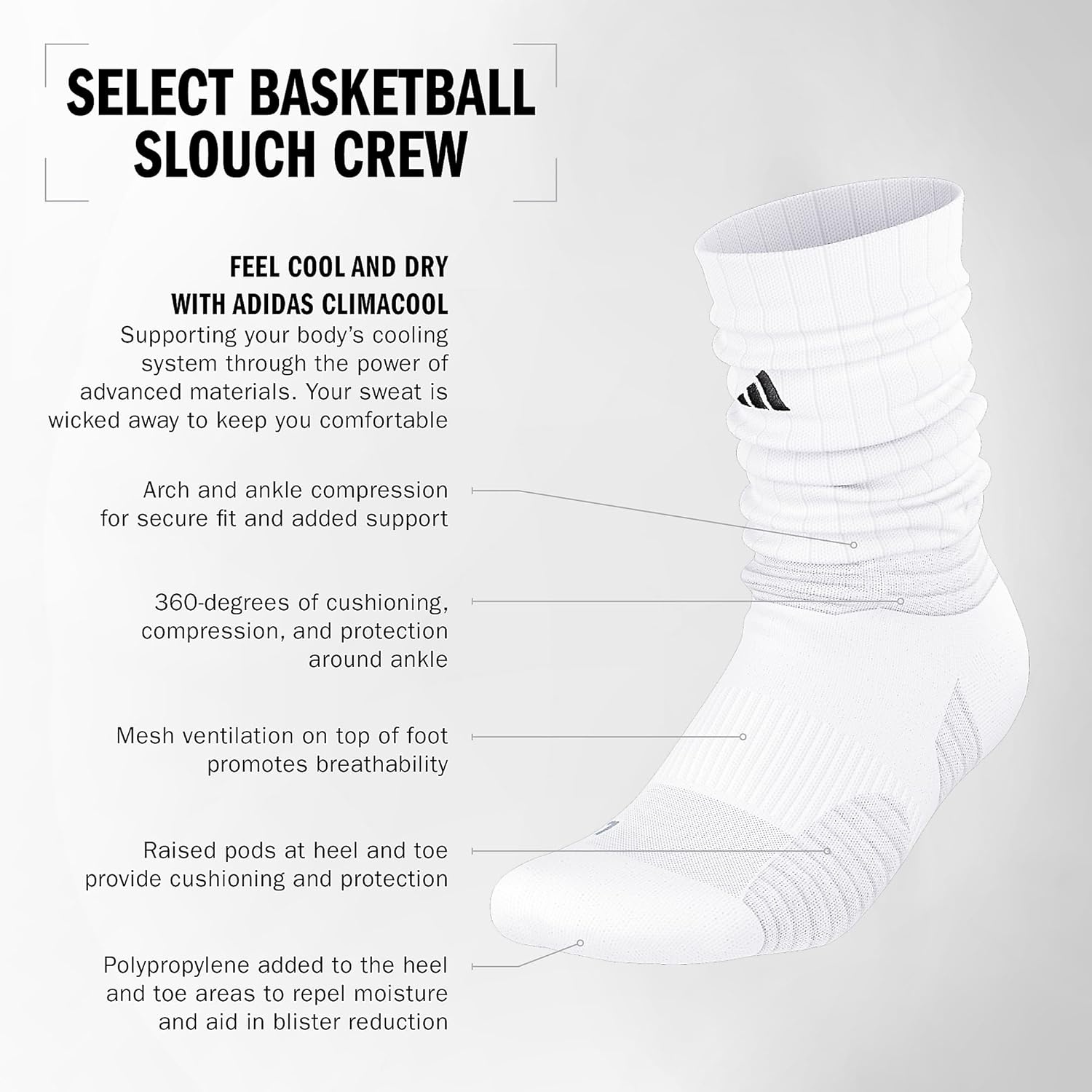 image:imageadidas Unisex Select Basketball Socks 1 PairWhiteBlackClear Onix Grey1Slouch Crew
