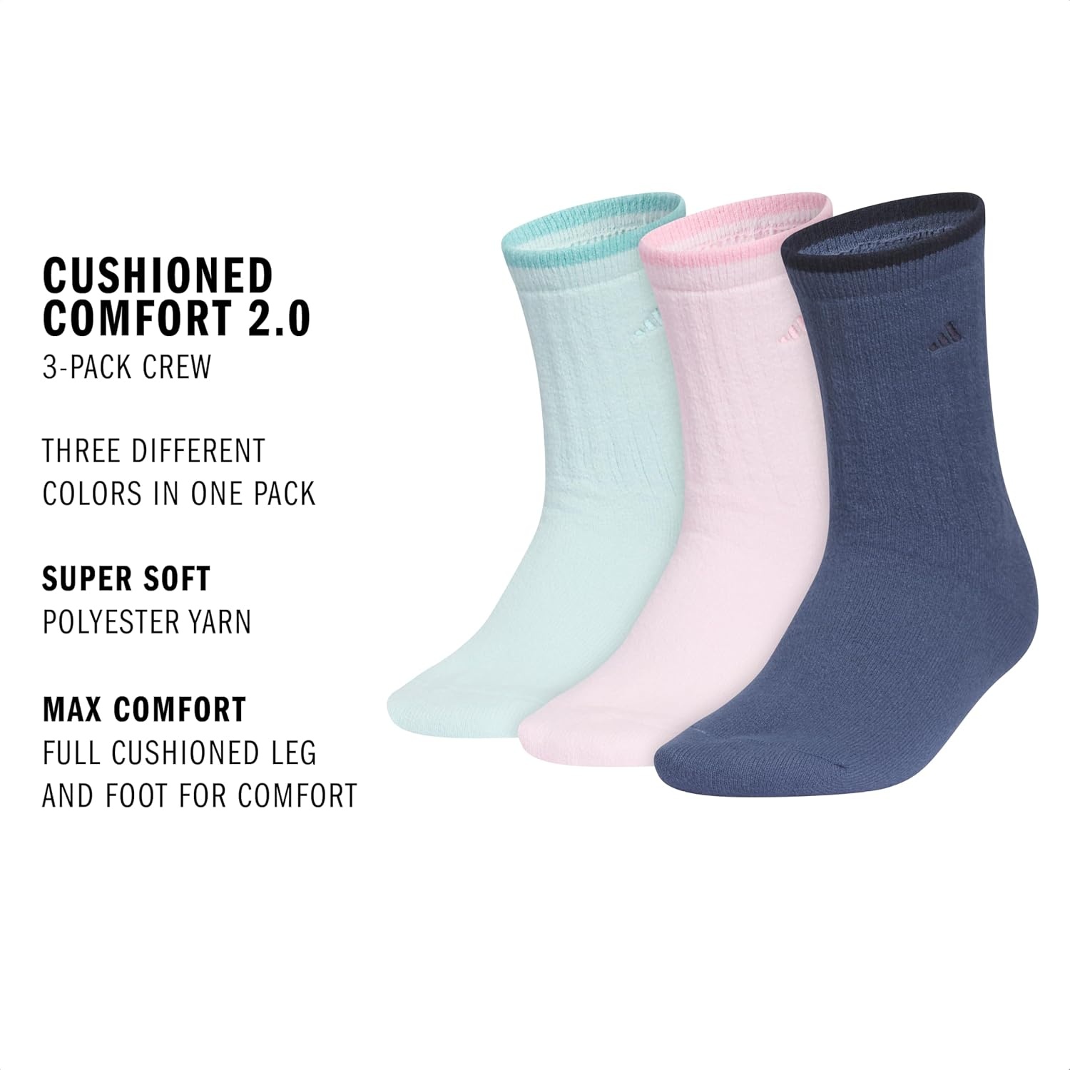 image:imageadidas Womens Cushioned Comfort Socks 3 Pairs Super Soft amp CozyCrew2Halo Mint GreenClear PinkPreloved Ink Blue