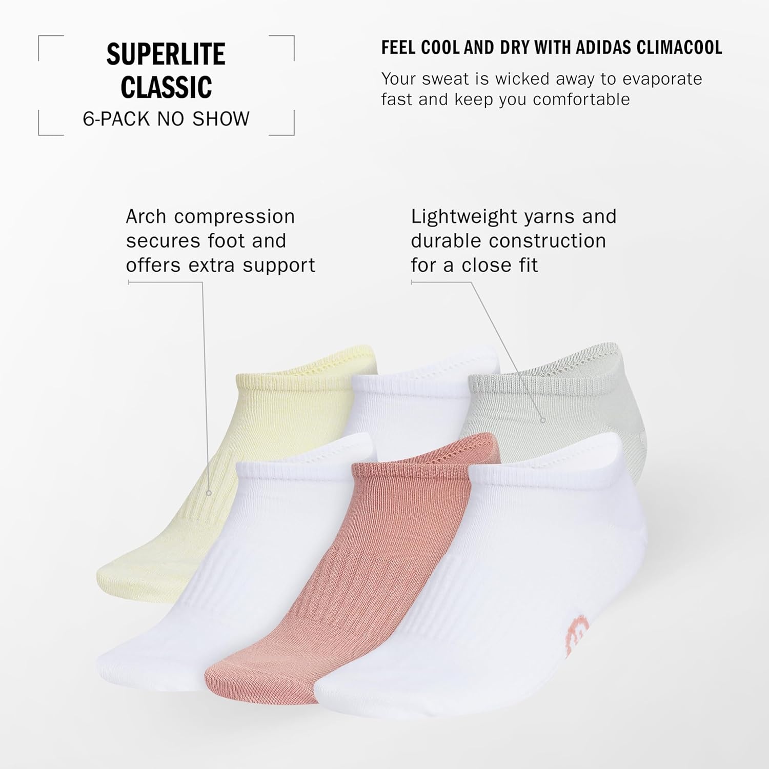 image:imageadidas Womens Superlite No Show Socks 6 Pairs Lightweight amp BreathableClassicPowder YellowWonder SilverWarm Clay Pink