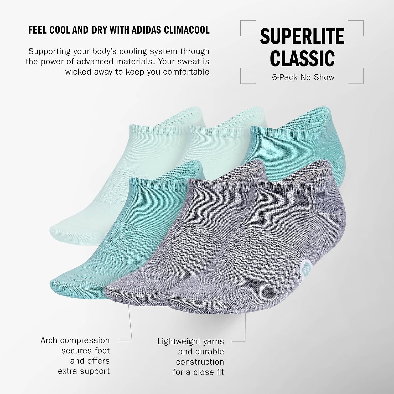image:imageadidas Womens Superlite No Show Socks 6 Pairs Lightweight amp BreathableClassicSemi Flash Aqua BlueMint Tone GreenGrey
