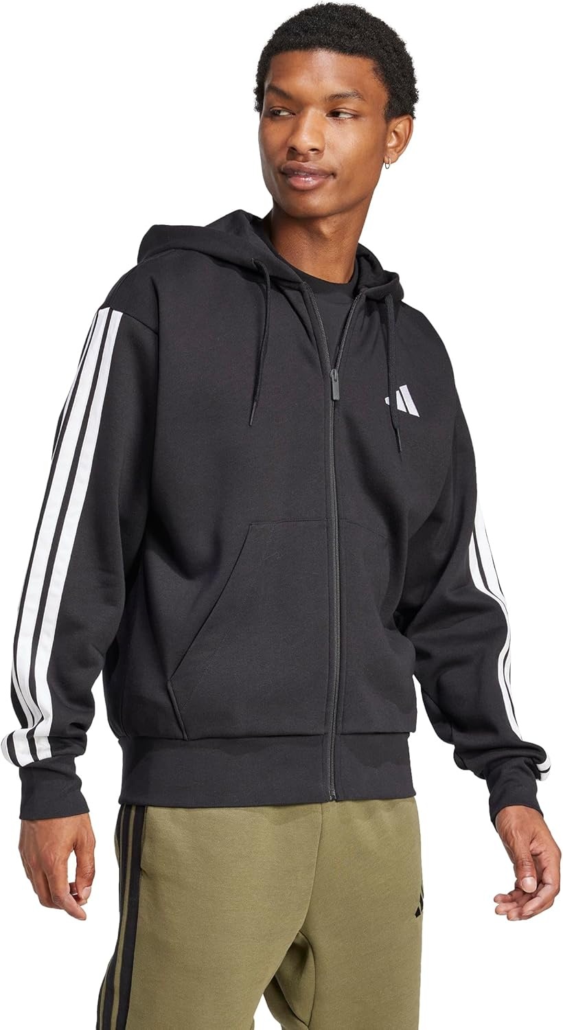 image:imageadidas mens Essentials 3stripes Fleece Fullzip Hooded Track TopBlackWhite