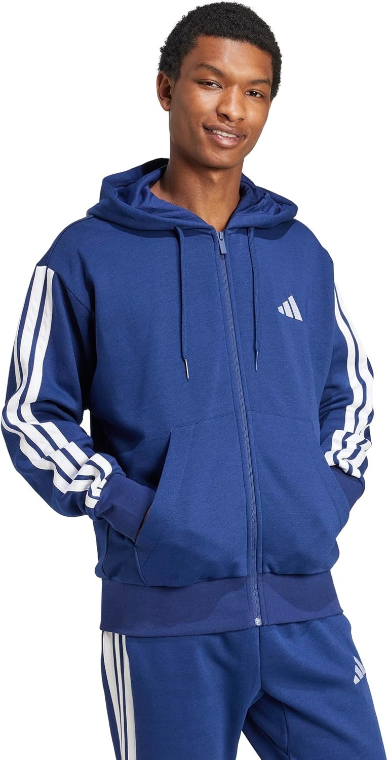 image:imageadidas mens Essentials 3stripes Fleece Fullzip Hooded Track TopDark BlueWhite