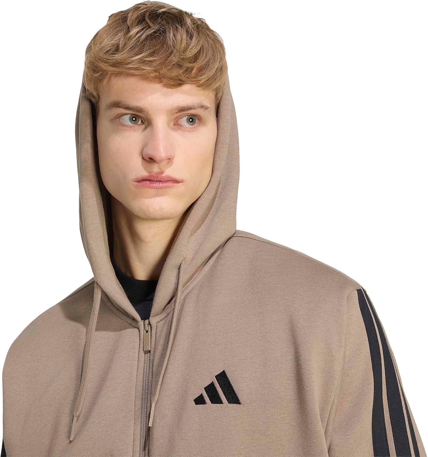 image:imageadidas mens Essentials 3stripes Fleece Fullzip Hooded Track TopKhakiBlack