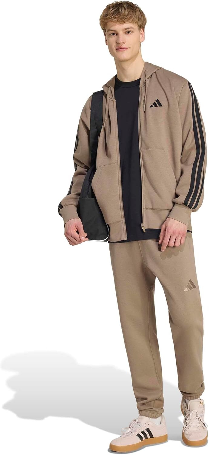 image:imageadidas mens Essentials 3stripes Fleece Fullzip Hooded Track TopKhakiBlack