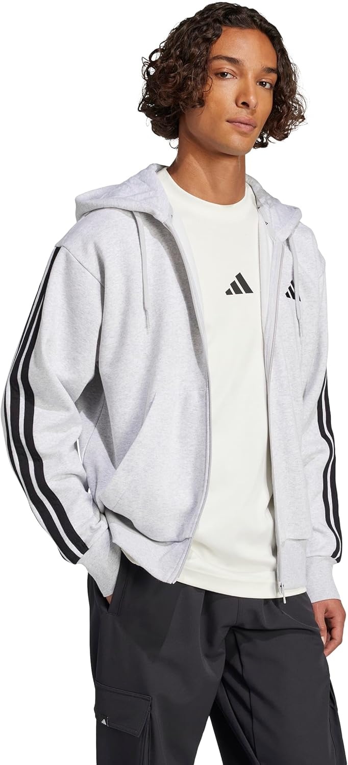 image:imageadidas mens Essentials 3stripes Fleece Fullzip Hooded Track TopLight Grey HeatherBlack