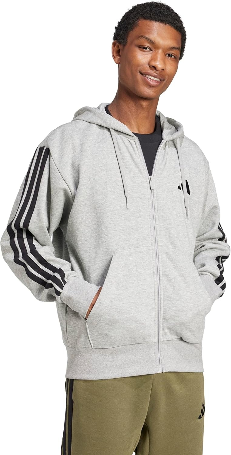 image:imageadidas mens Essentials 3stripes Fleece Fullzip Hooded Track TopMedium Grey HeatherBlack