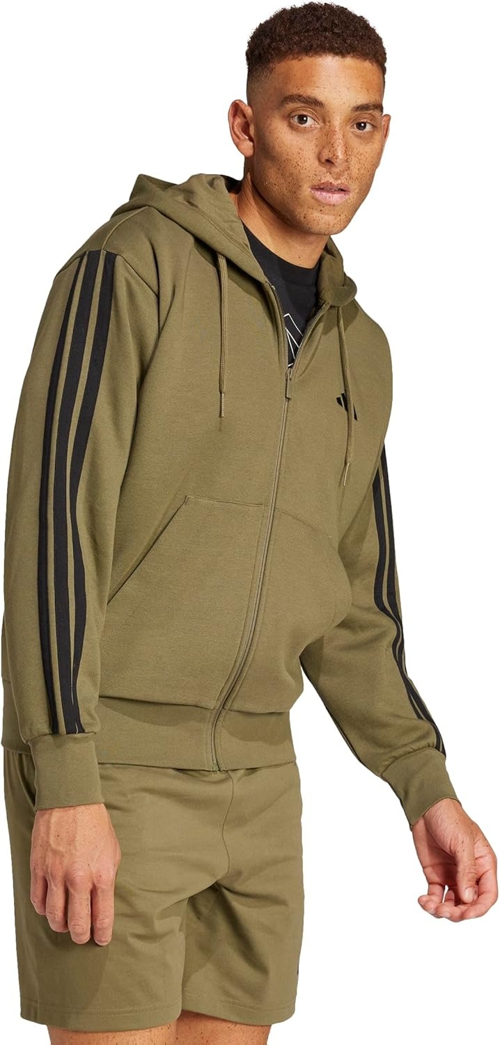 image:imageadidas mens Essentials 3stripes Fleece Fullzip Hooded Track TopOlive StrataBlack