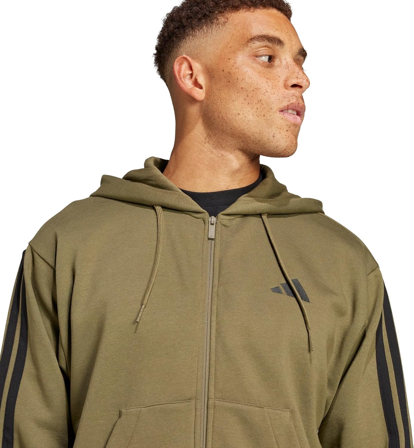 image:imageadidas mens Essentials 3stripes Fleece Fullzip Hooded Track TopOlive StrataBlack
