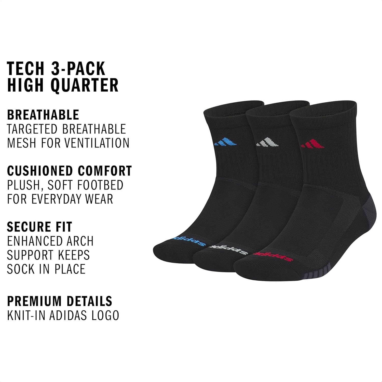 image:imageadidas mens Tech High Quarter Socks 3 Pairs Performance amp TrainingBlackRay BlueActive Maroon