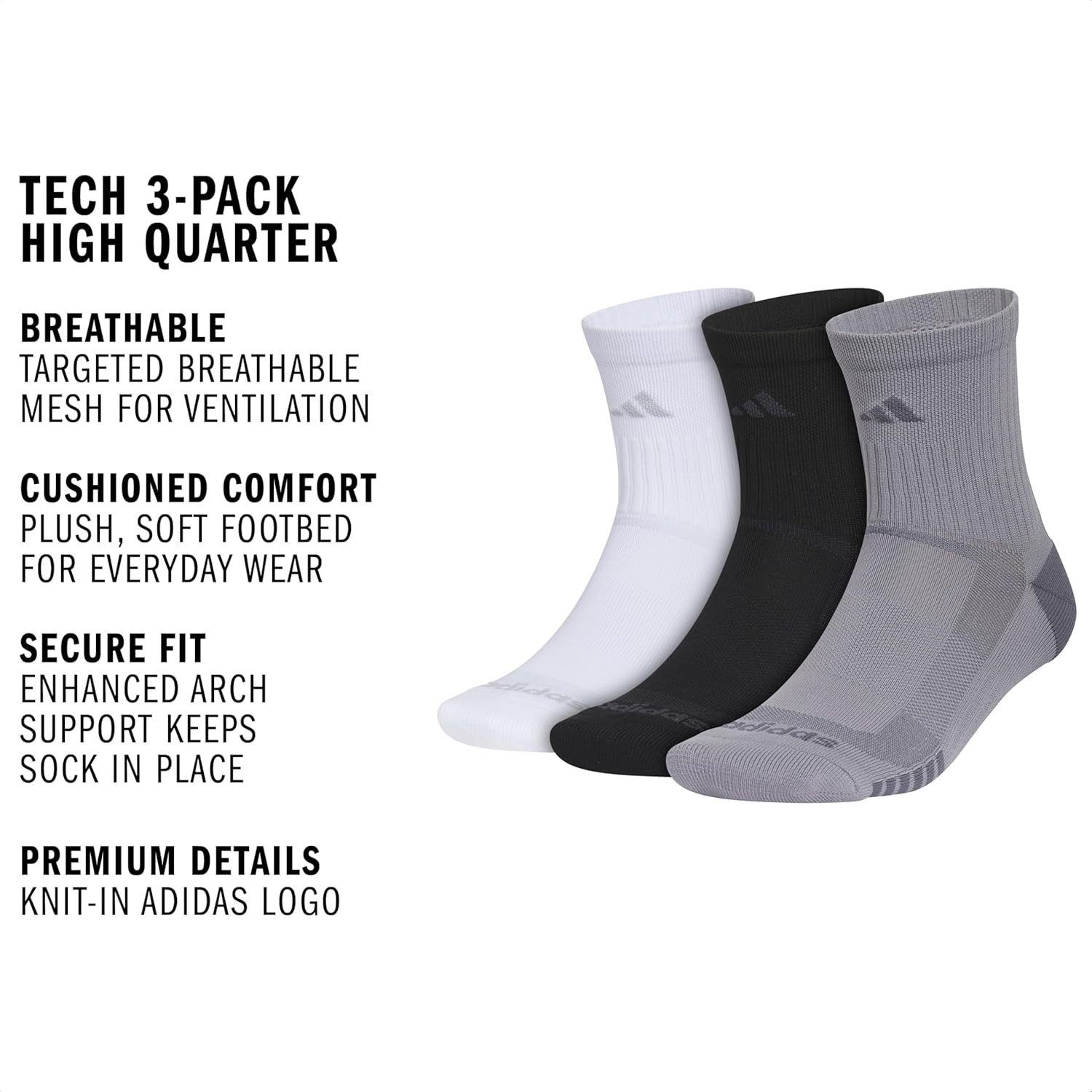 image:imageadidas mens Tech High Quarter Socks 3 Pairs Performance amp TrainingWhiteBlackGrey
